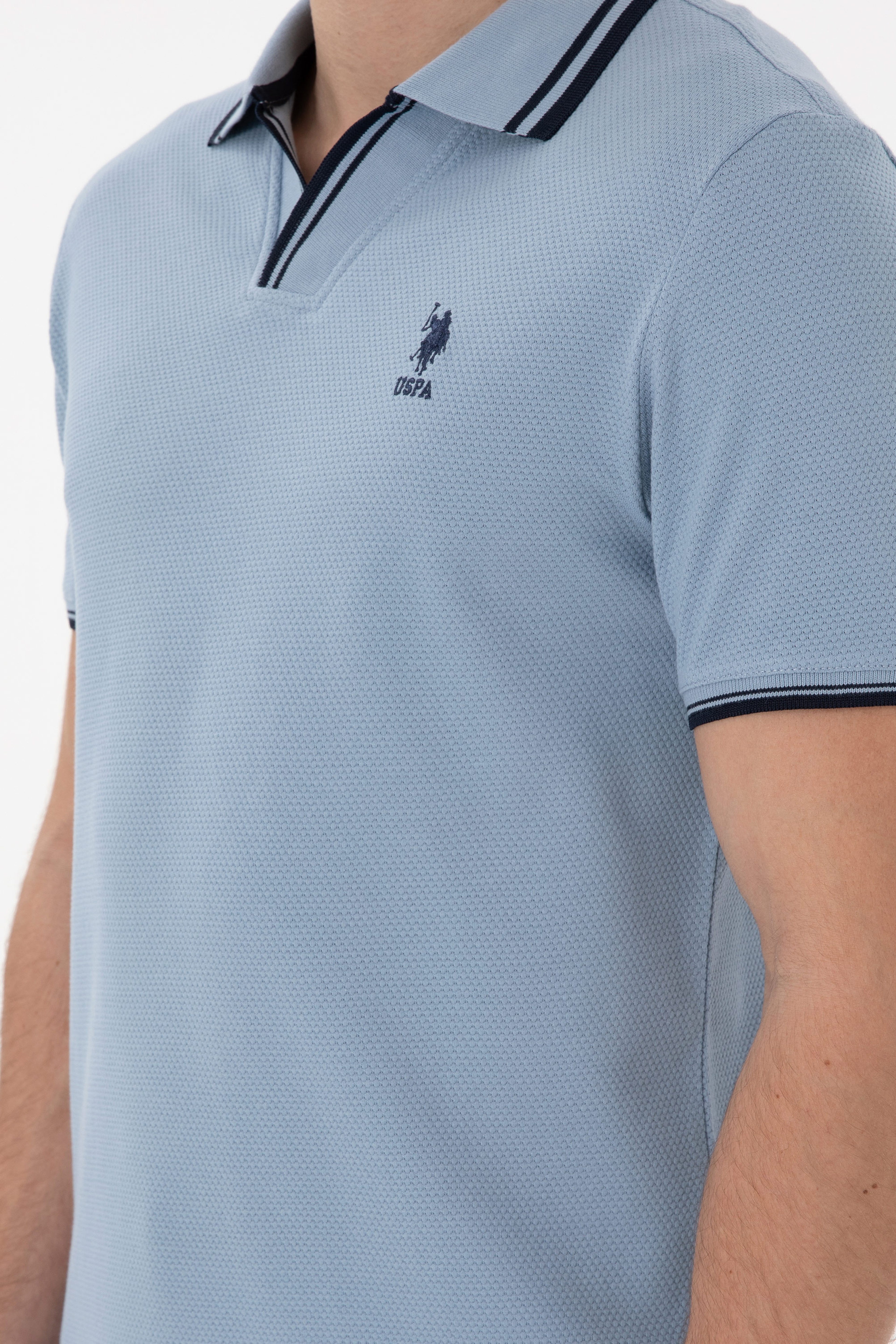 Erkek Slim Fit Polo Yaka Mavi Tişört - Image 7