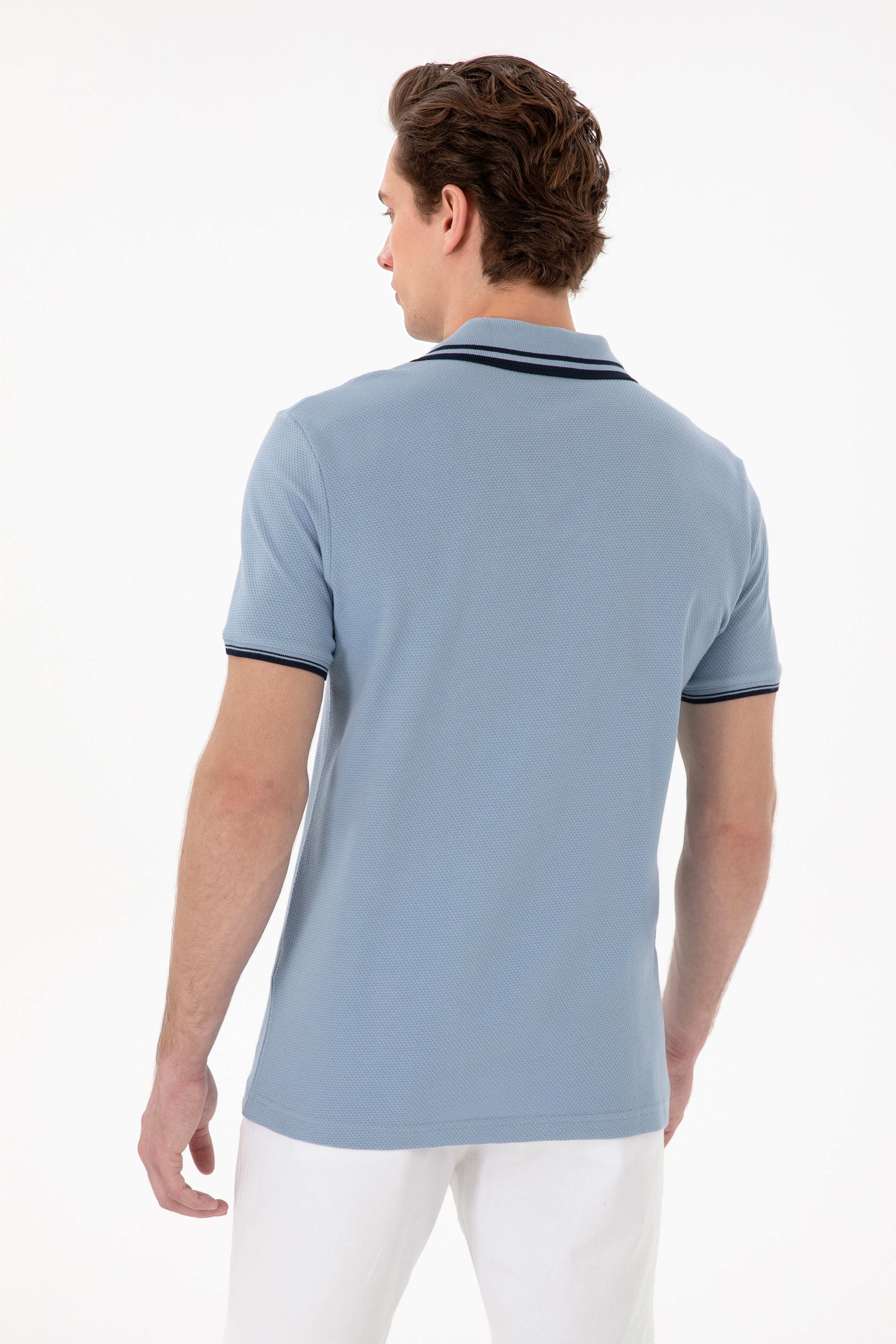 Erkek Slim Fit Polo Yaka Mavi Tişört - Image 5