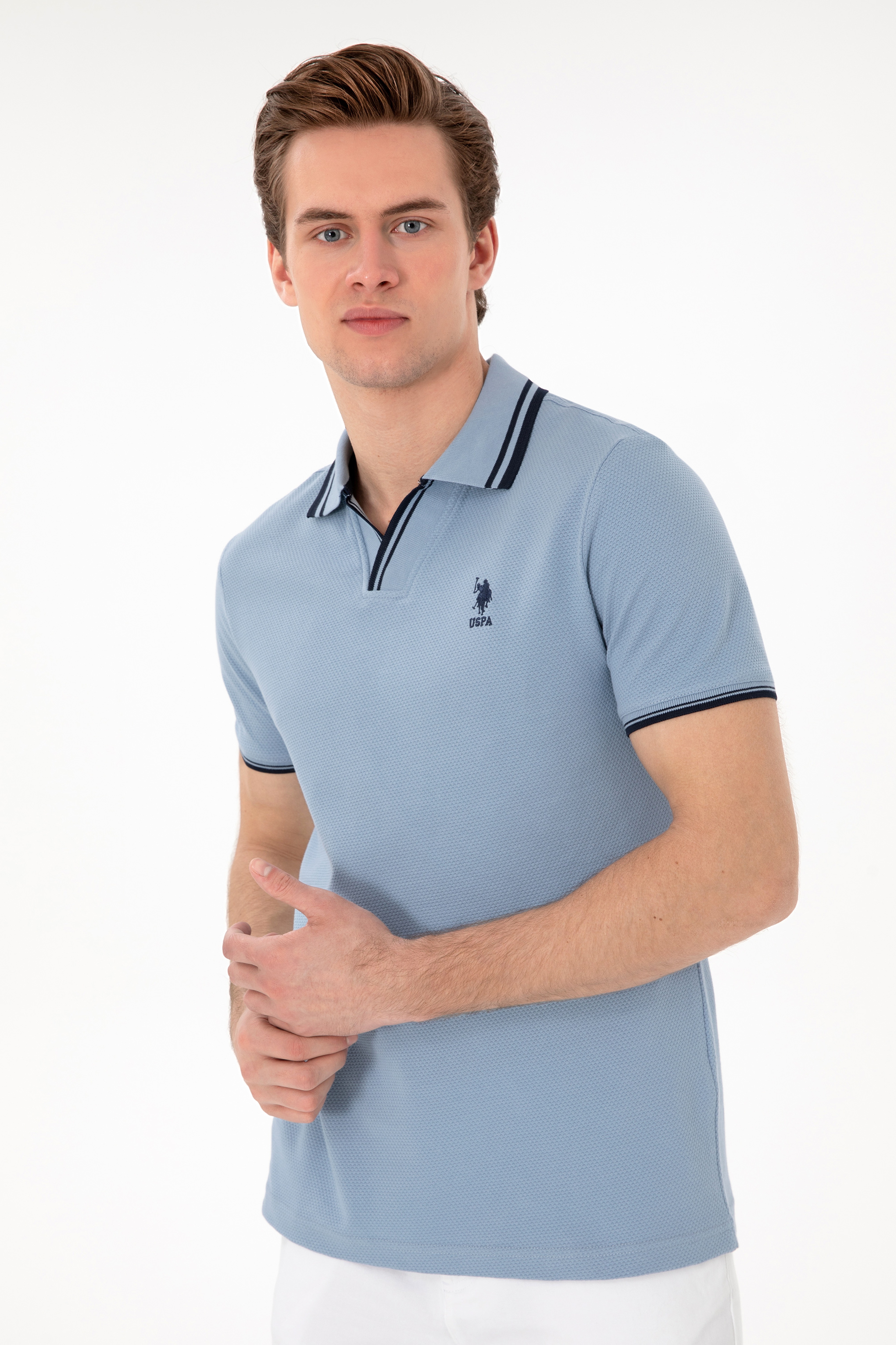 Erkek Slim Fit Polo Yaka Mavi Tişört - Image 3