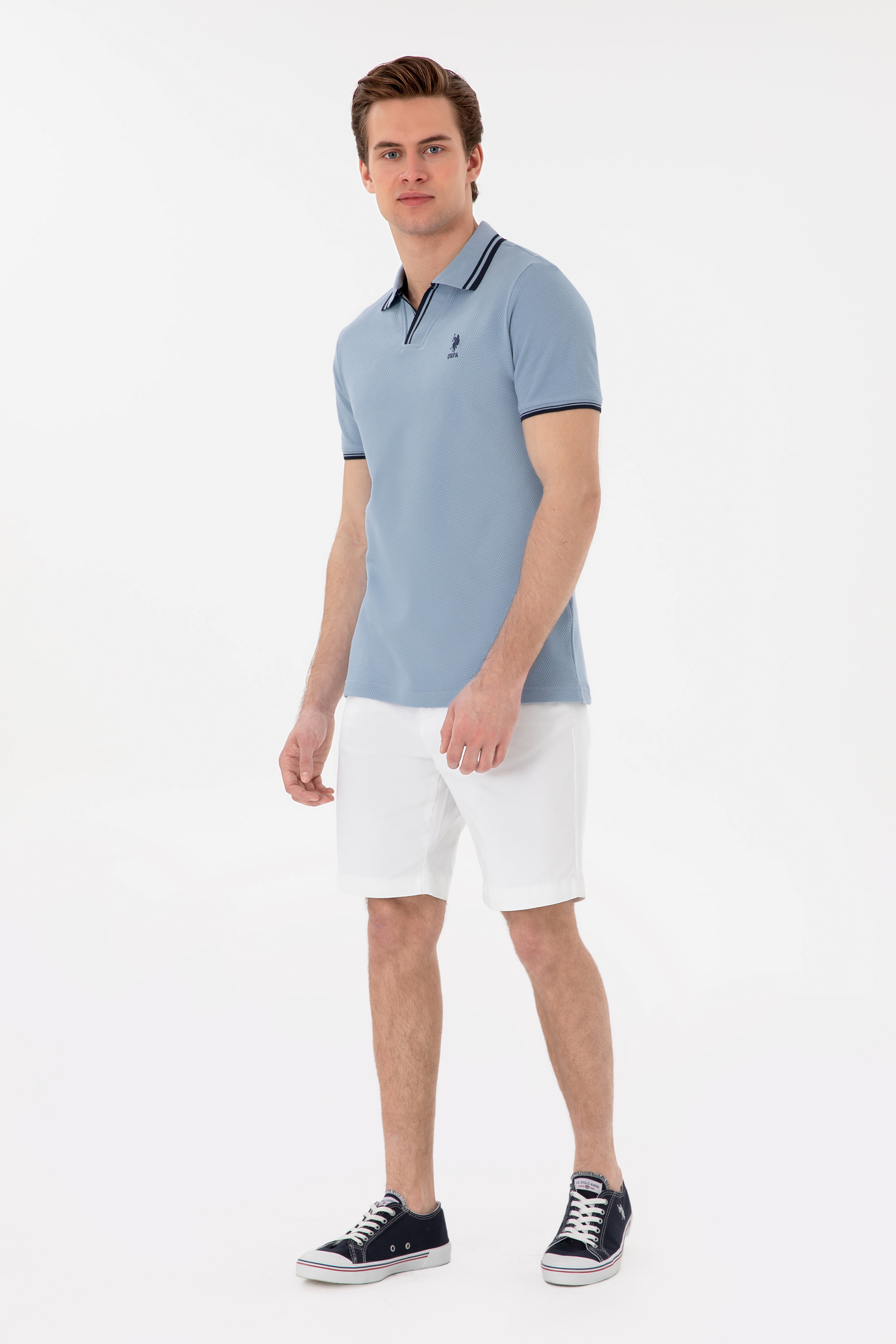 Erkek Slim Fit Polo Yaka Mavi Tişört - Image 4