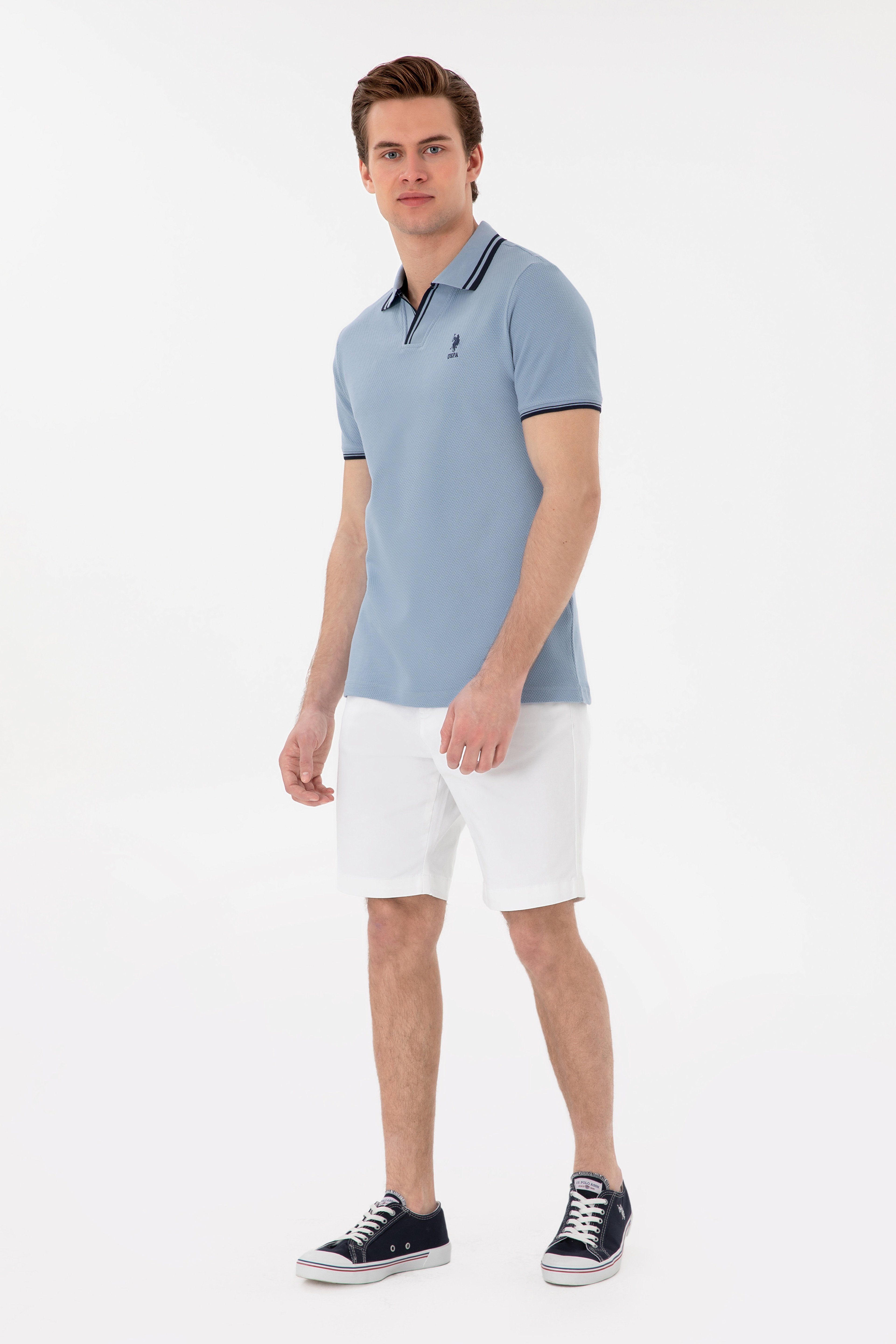 Erkek Slim Fit Polo Yaka Mavi Tişört