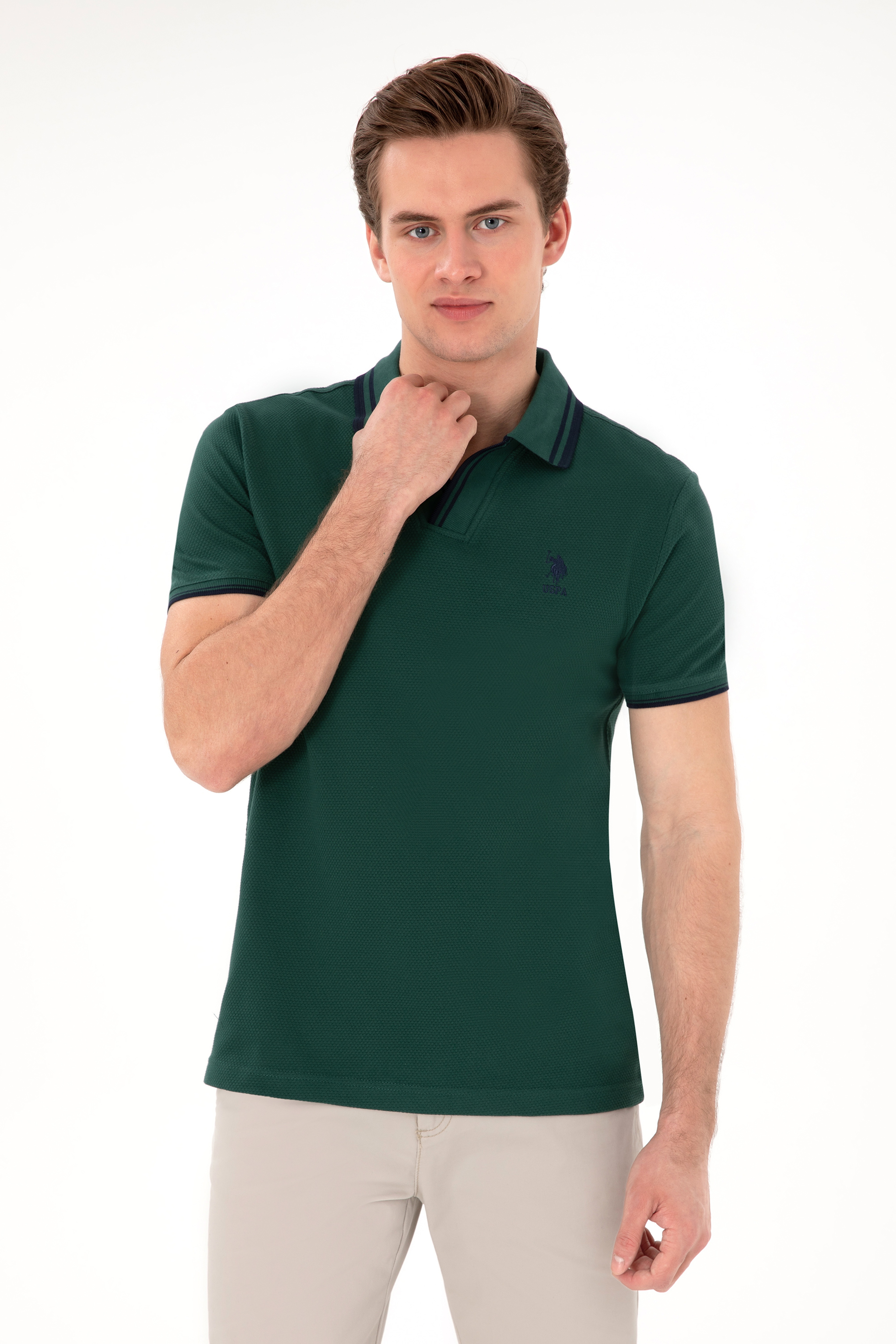 Erkek Slim Fit Polo Yaka Koyu Yeşil Tişört - Image 1