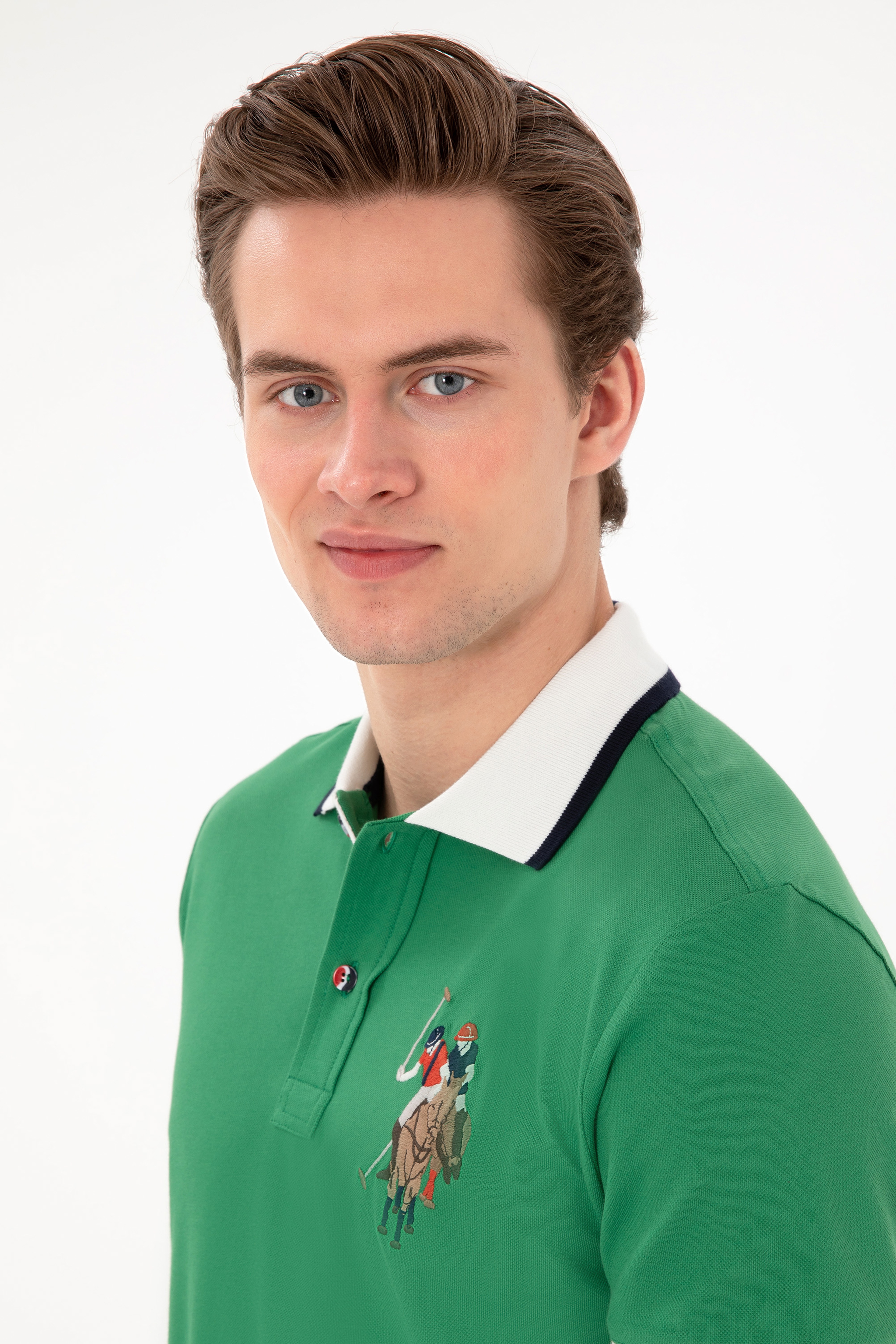 Erkek Slim Fit Polo Yaka Yeşil Basic Tişört