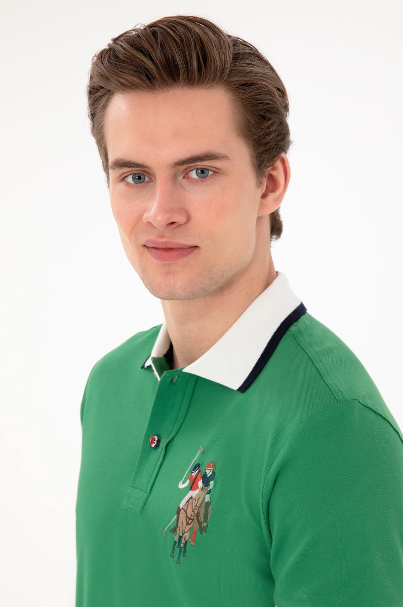 Erkek Slim Fit Polo Yaka Yeşil Basic Tişört