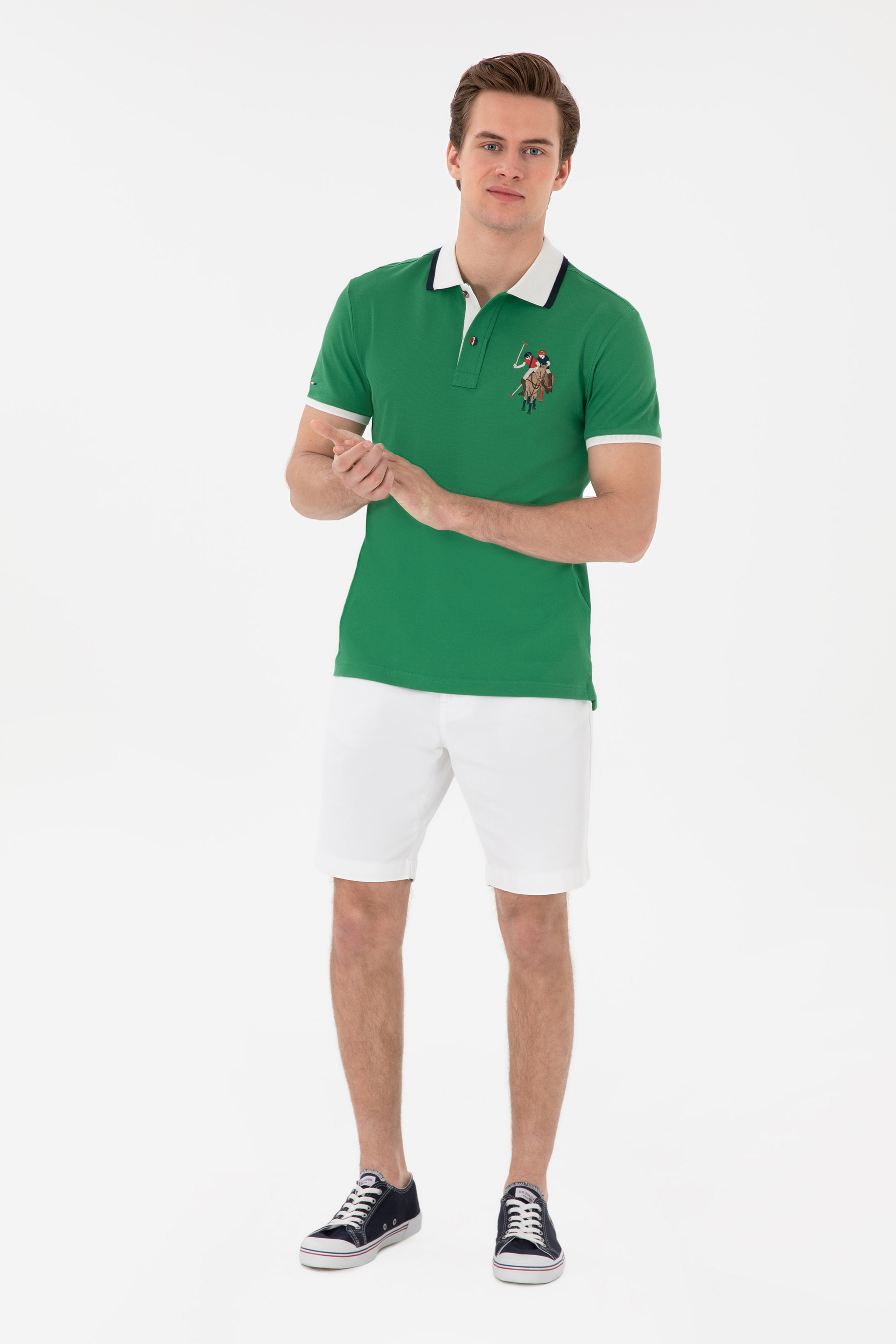 Erkek Slim Fit Polo Yaka Yeşil Basic Tişört
