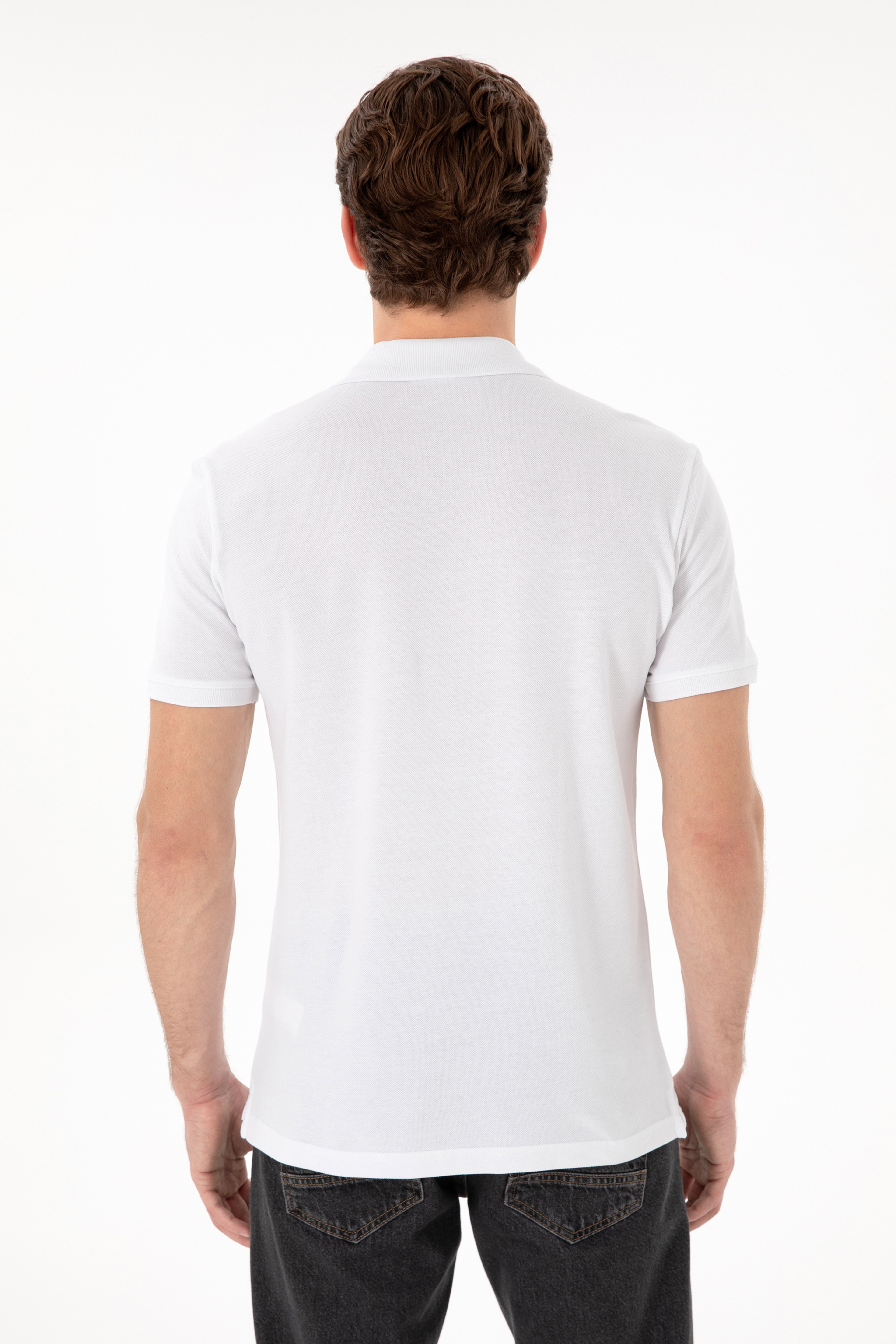Erkek Slim Fit Polo Yaka Beyaz Basic Tişört - Image 5