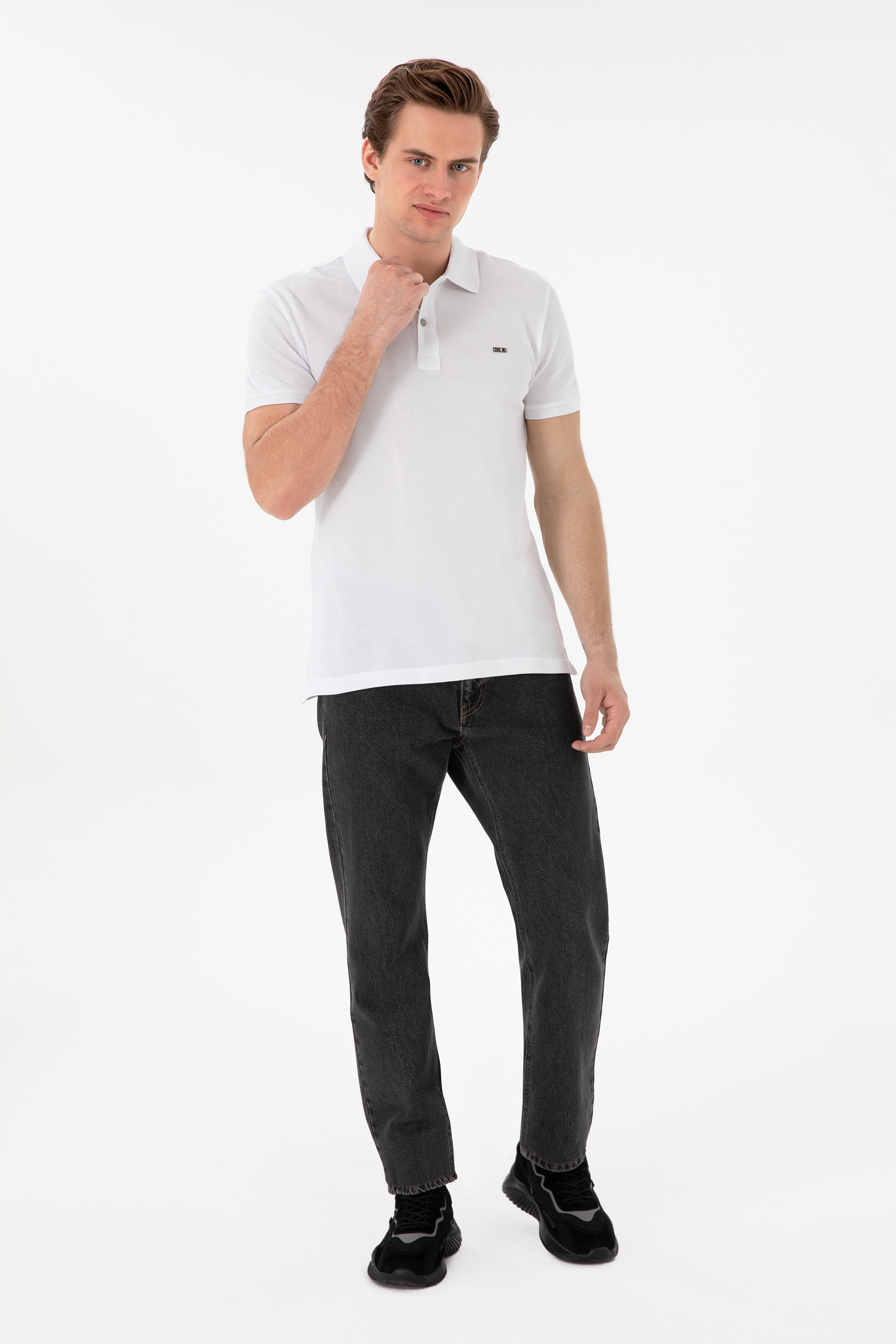 Erkek Slim Fit Polo Yaka Beyaz Basic Tişört - Image 4