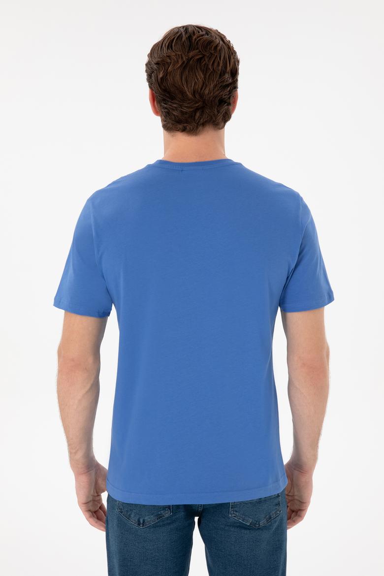 Erkek Regular Fit Bisiklet Yaka Baskılı İndigo Tişört - 50299535021