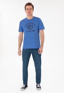 Erkek Regular Fit Bisiklet Yaka Baskılı İndigo Tişört - 50299535021