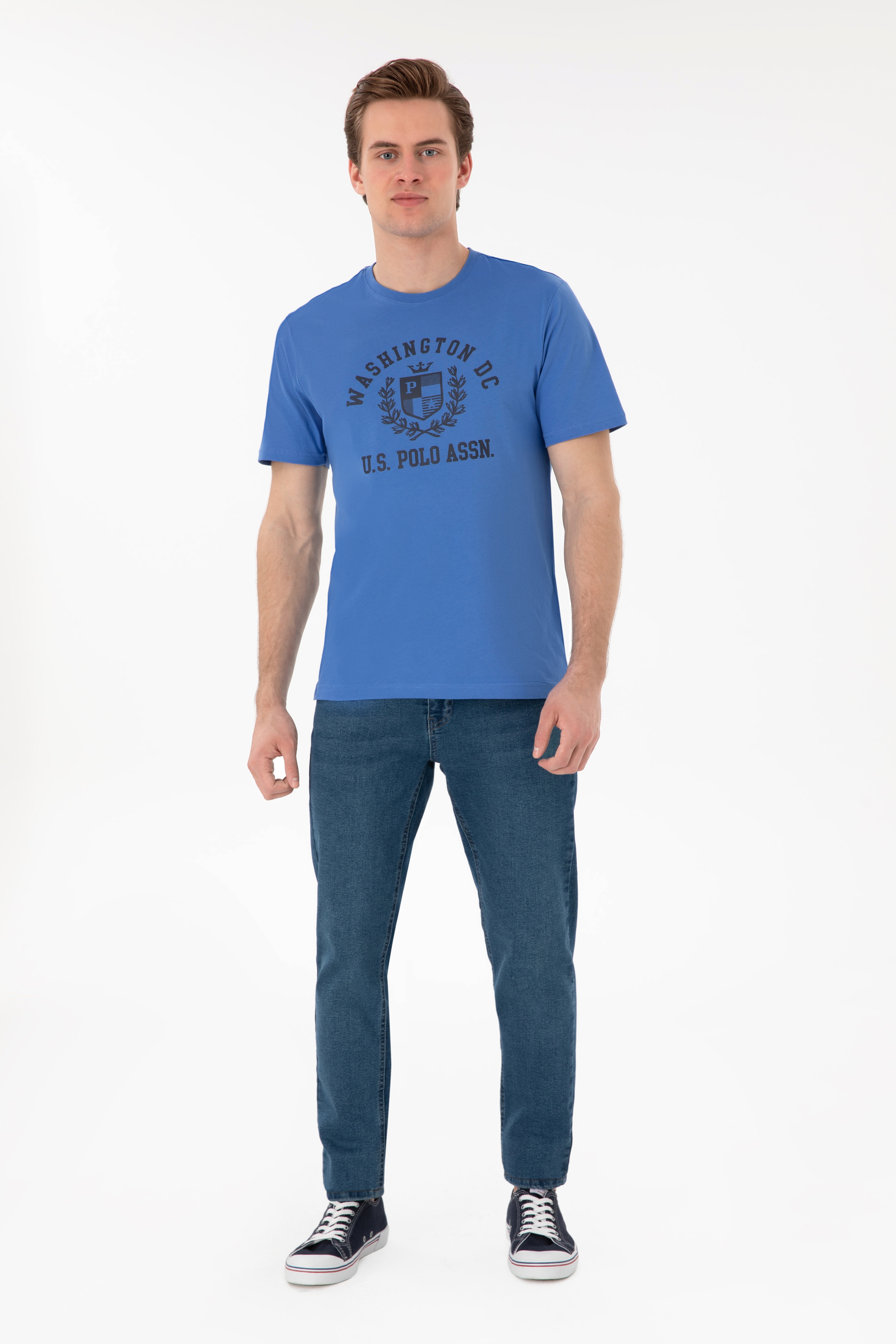 Erkek Regular Fit Bisiklet Yaka Baskılı İndigo Tişört - Image 4
