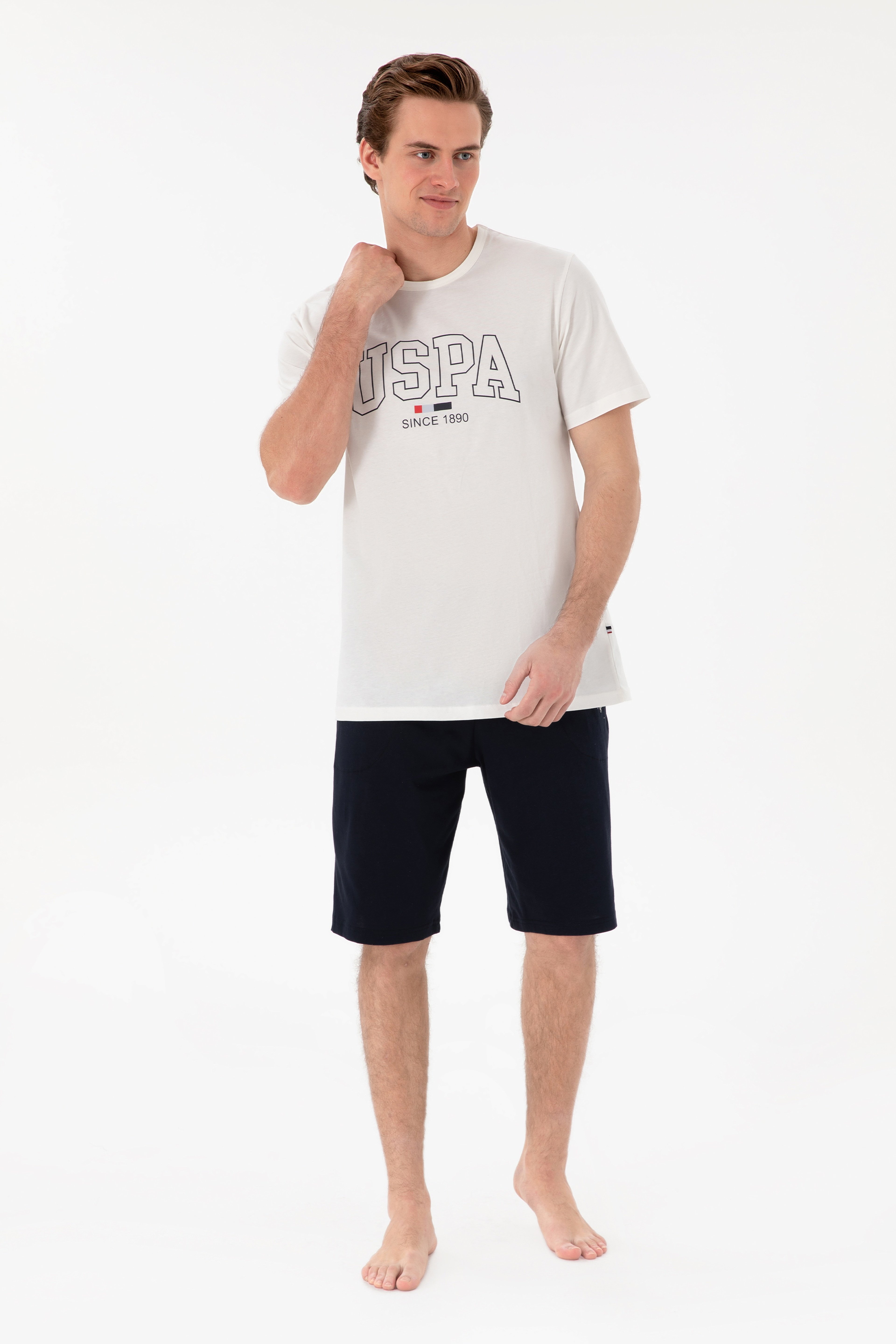 Erkek Bisiklet Yaka Beyaz Pijama Takımı