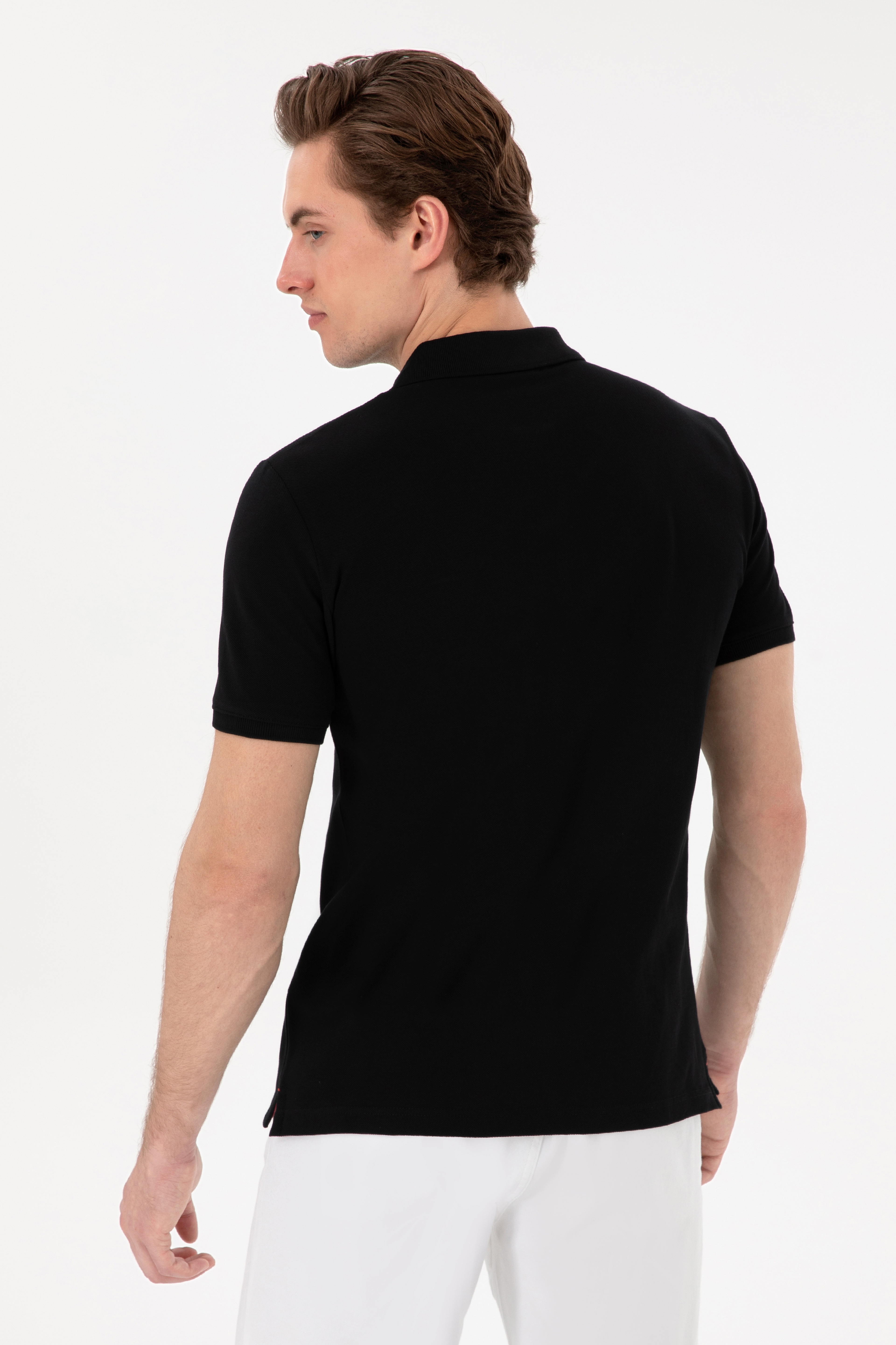 Erkek Slim Fit Polo Yaka Siyah Basic Tişört - Image 5