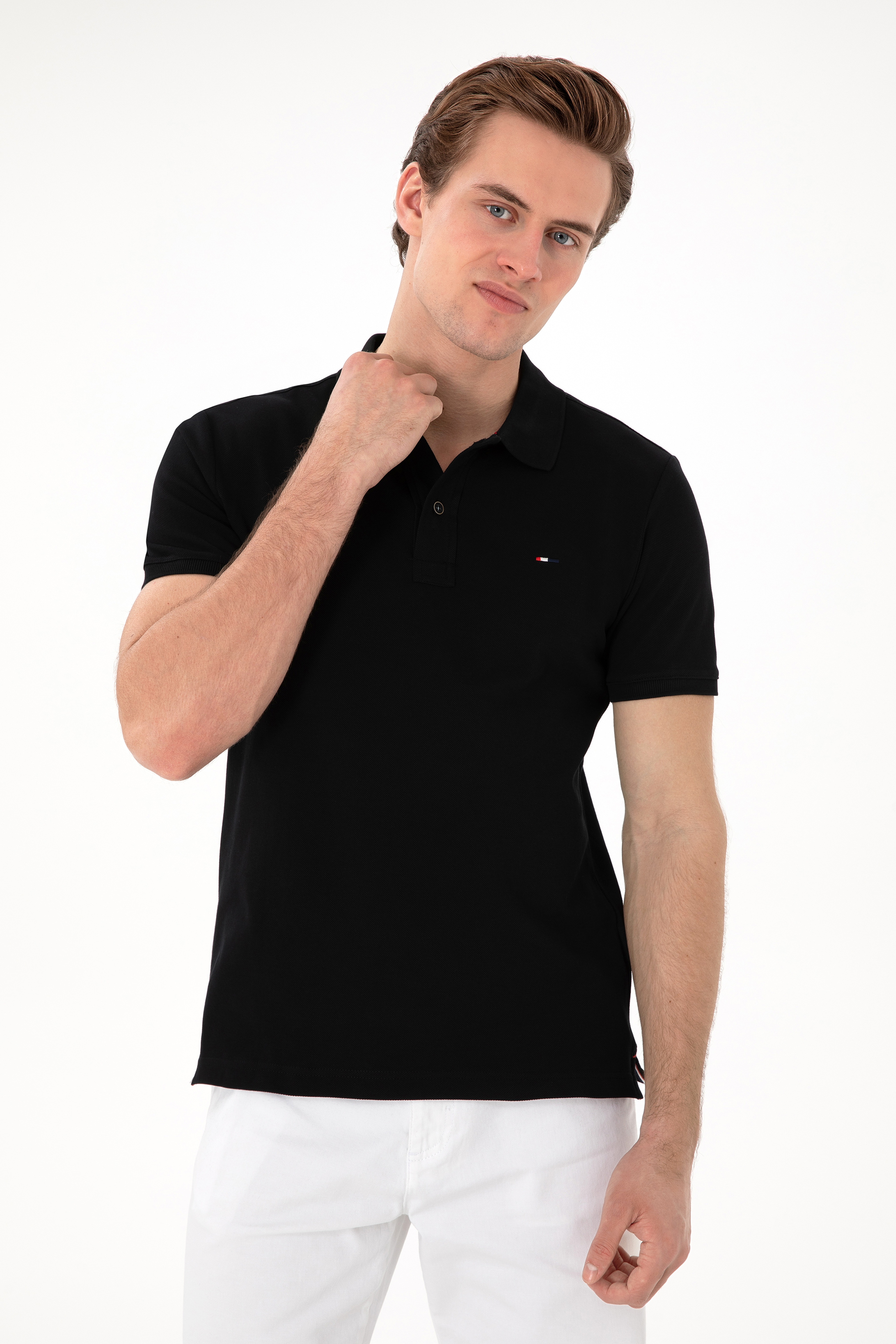 Erkek Slim Fit Polo Yaka Siyah Basic Tişört - Image 3