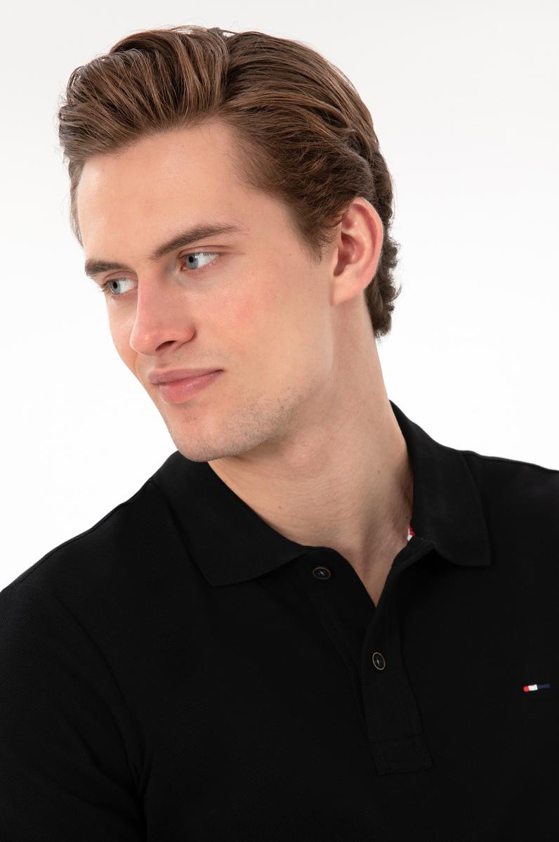 Erkek Slim Fit Polo Yaka Siyah Basic Tişört