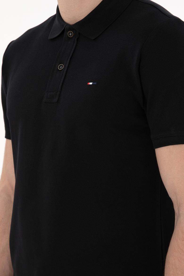 Erkek Slim Fit Polo Yaka Siyah Basic Tişört - 50297983039