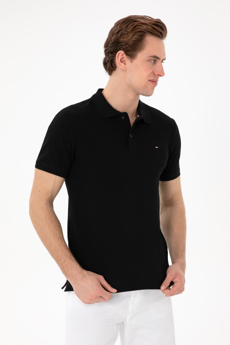 Erkek Slim Fit Polo Yaka Siyah Basic Tişört
