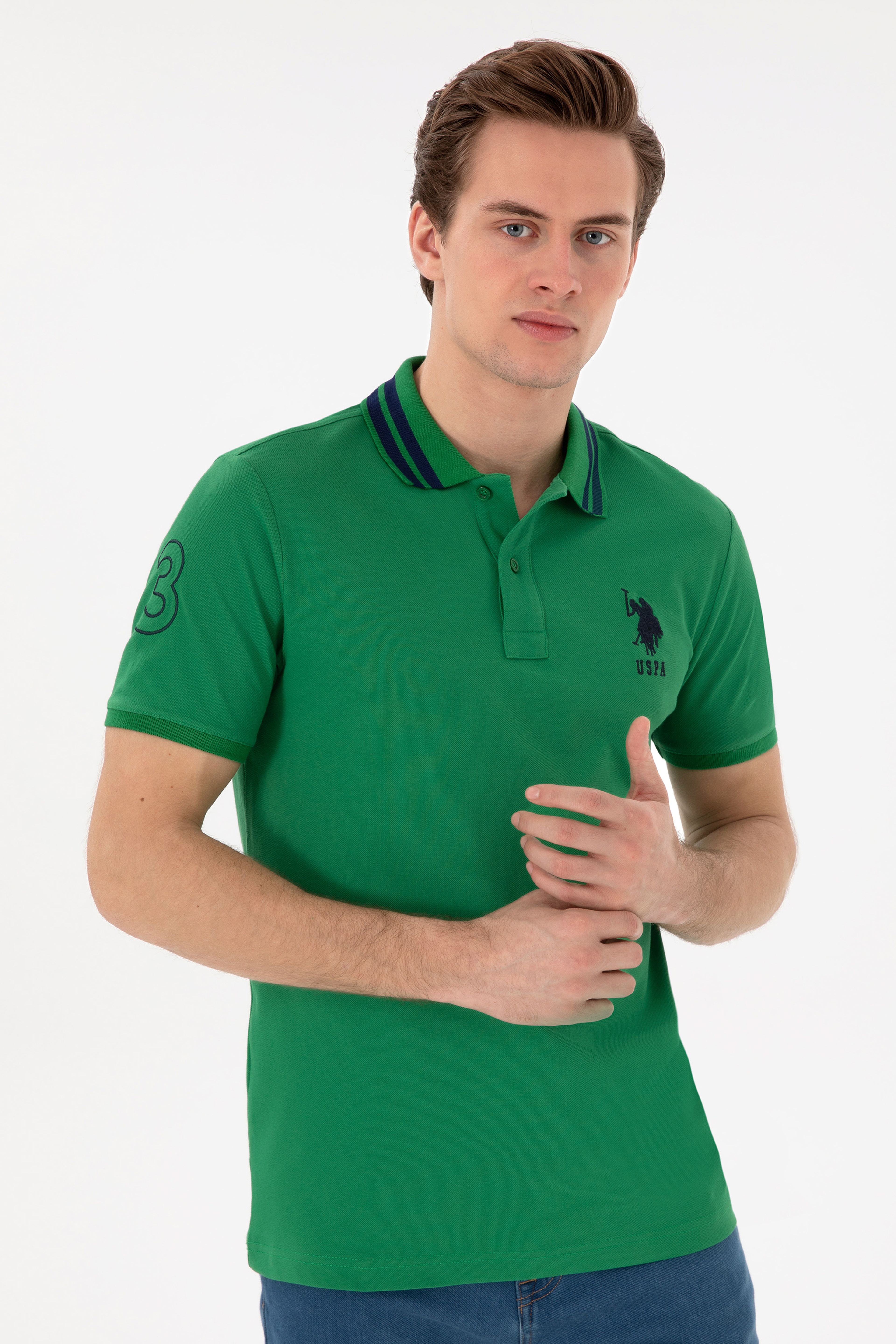 Erkek Slim Fit Polo Yaka Yeşil Basic Tişört - Image 3