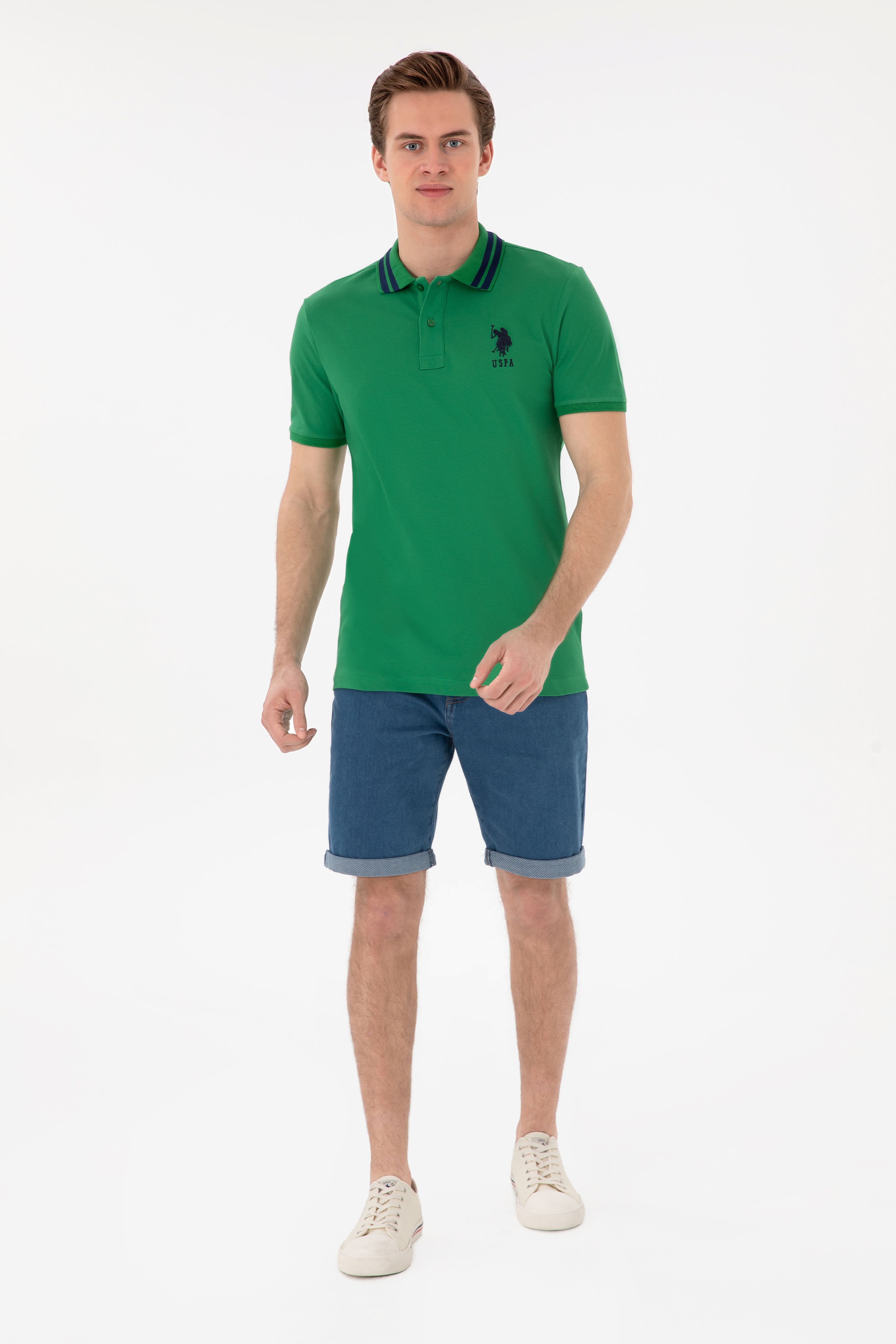 Erkek Slim Fit Polo Yaka Yeşil Basic Tişört - Image 4