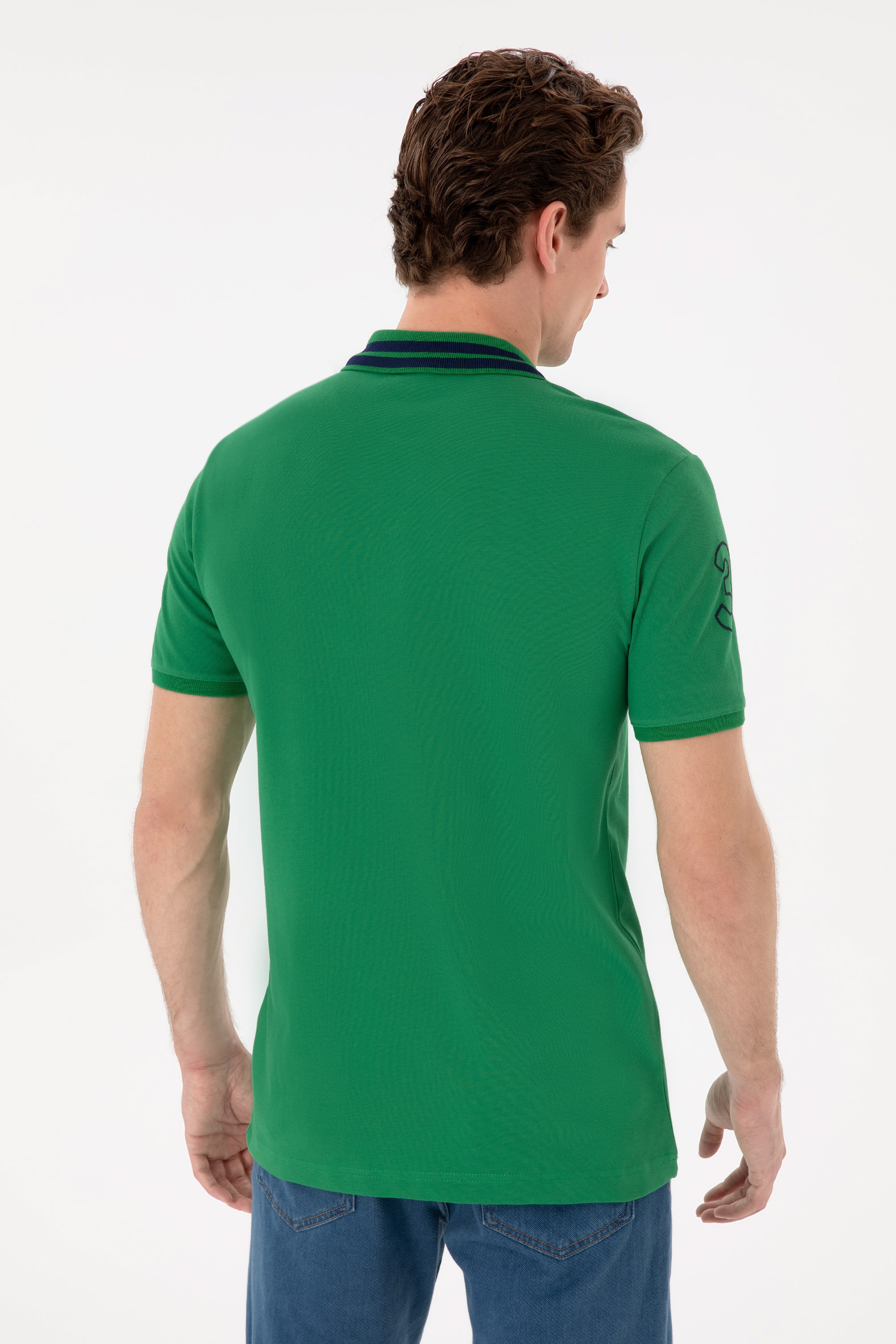 Erkek Slim Fit Polo Yaka Yeşil Basic Tişört
