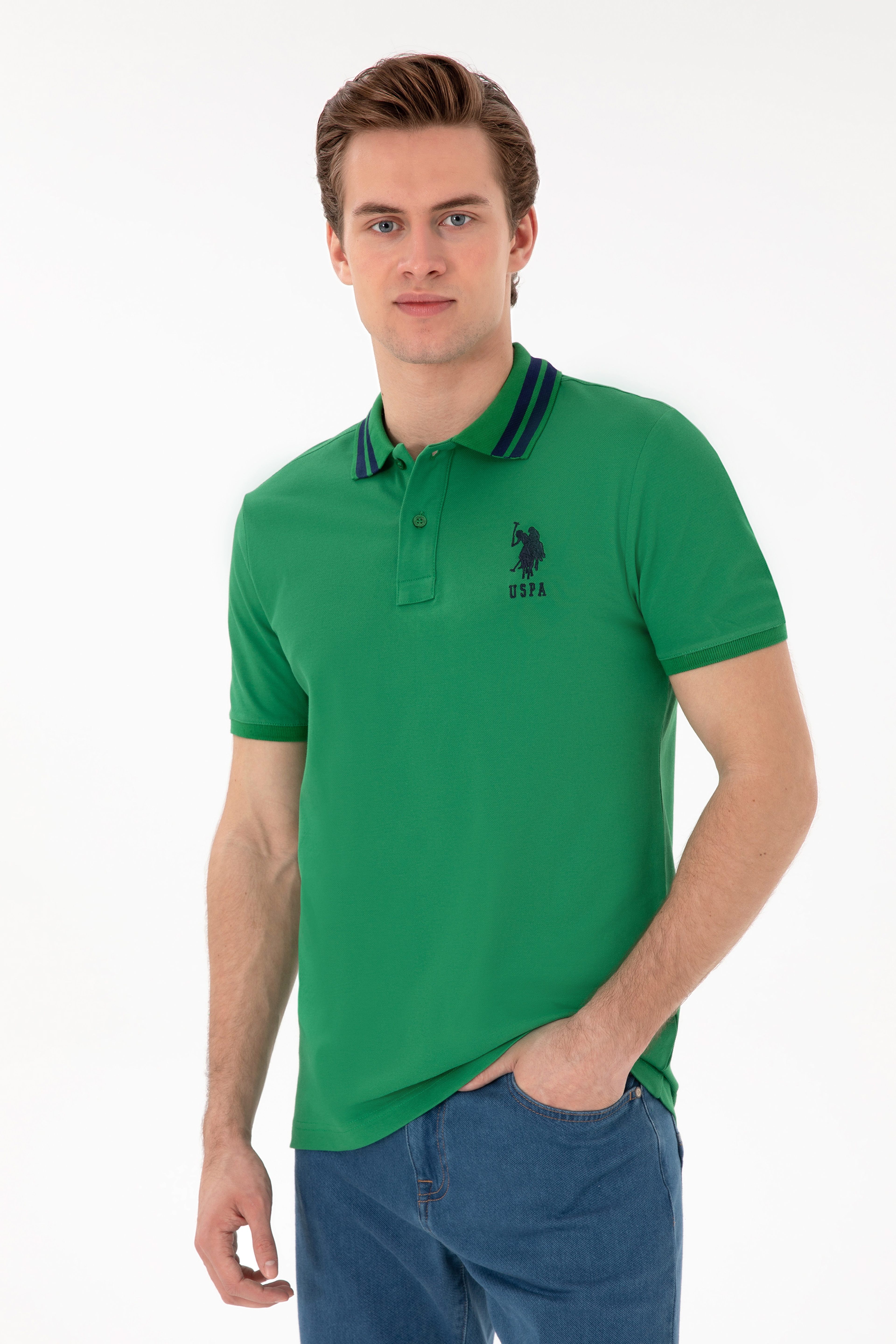 Erkek Slim Fit Polo Yaka Yeşil Basic Tişört - Image 1