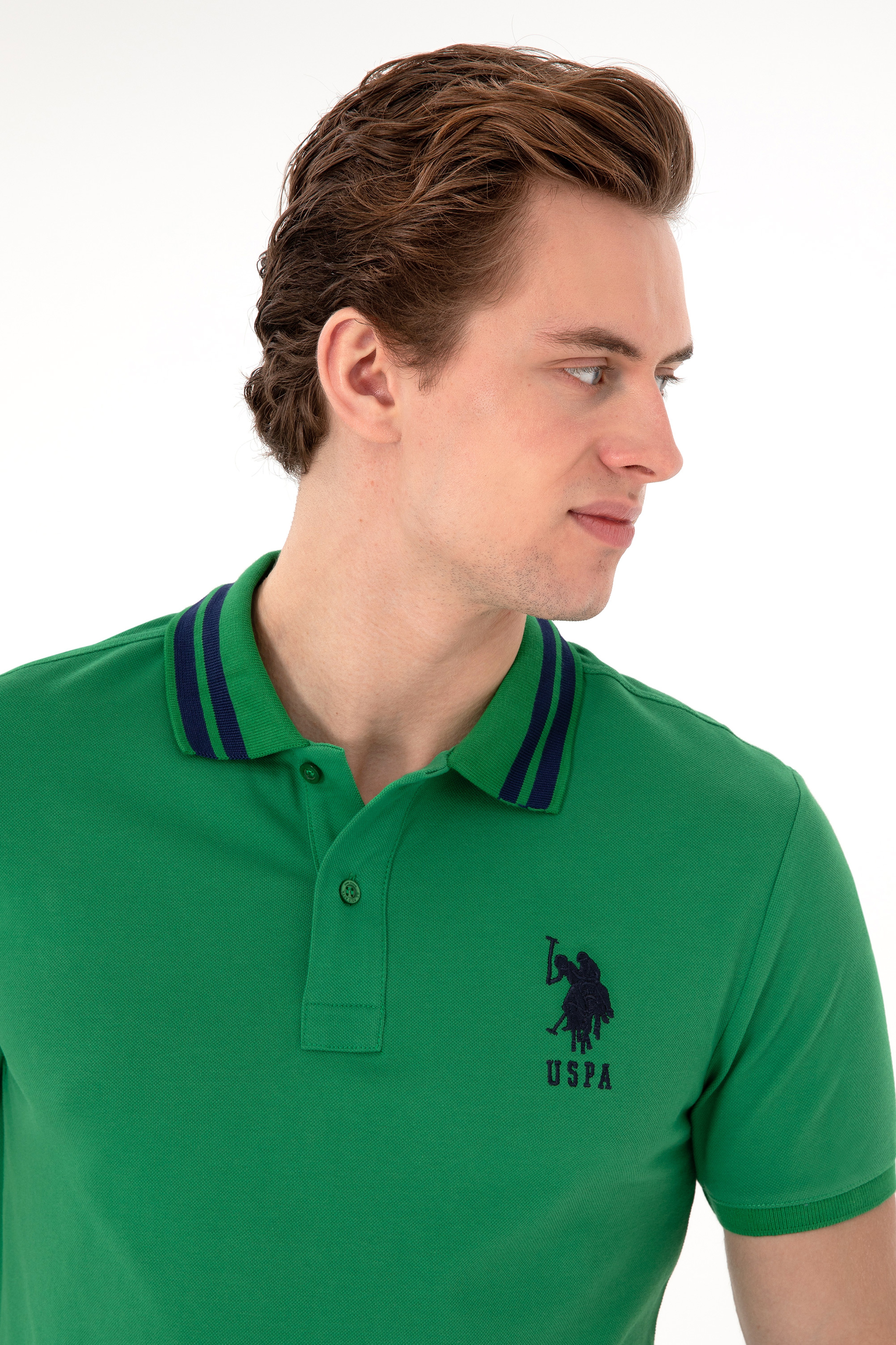 Erkek Slim Fit Polo Yaka Yeşil Basic Tişört