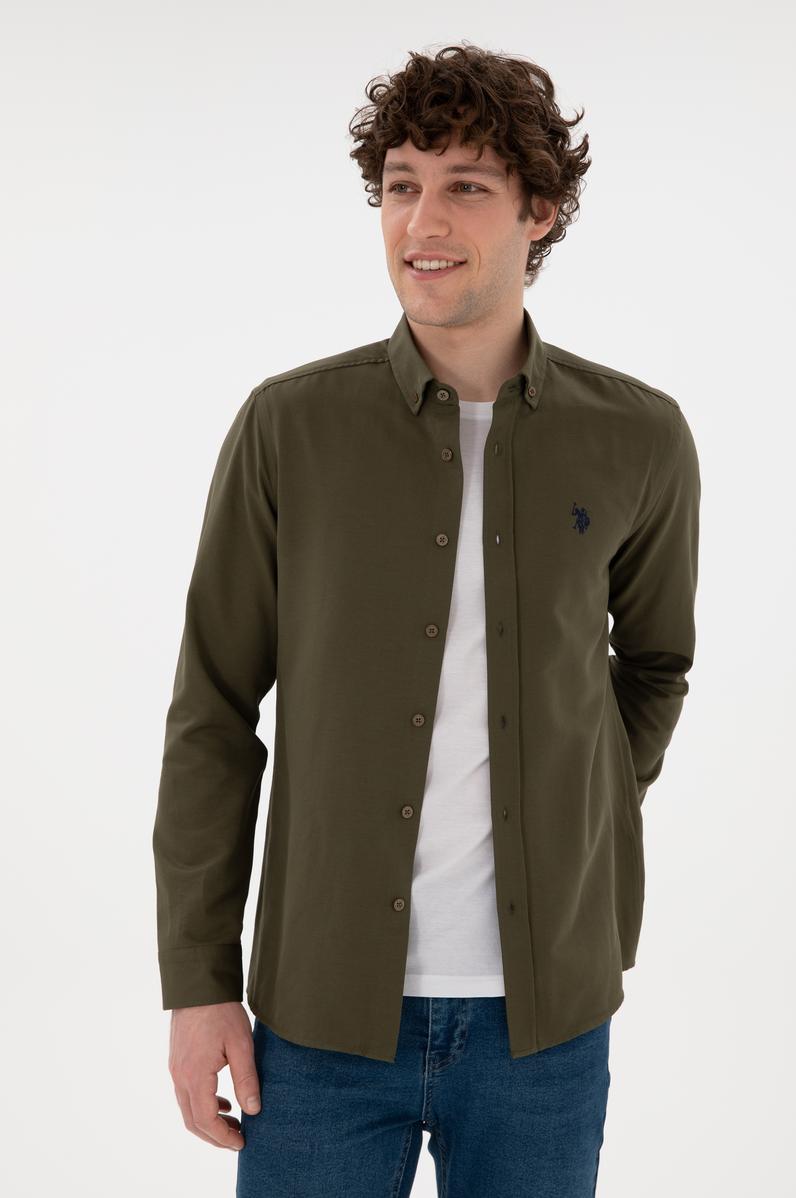 Erkek Haki Uzun Kollu Basic Gömlek