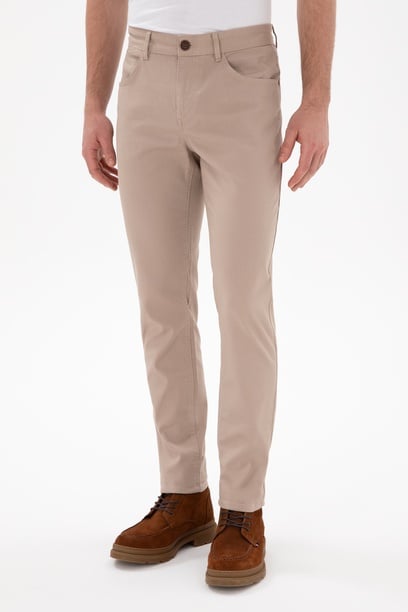 Erkek Slim Fit Koyu Bej Kanvas Pantolon
