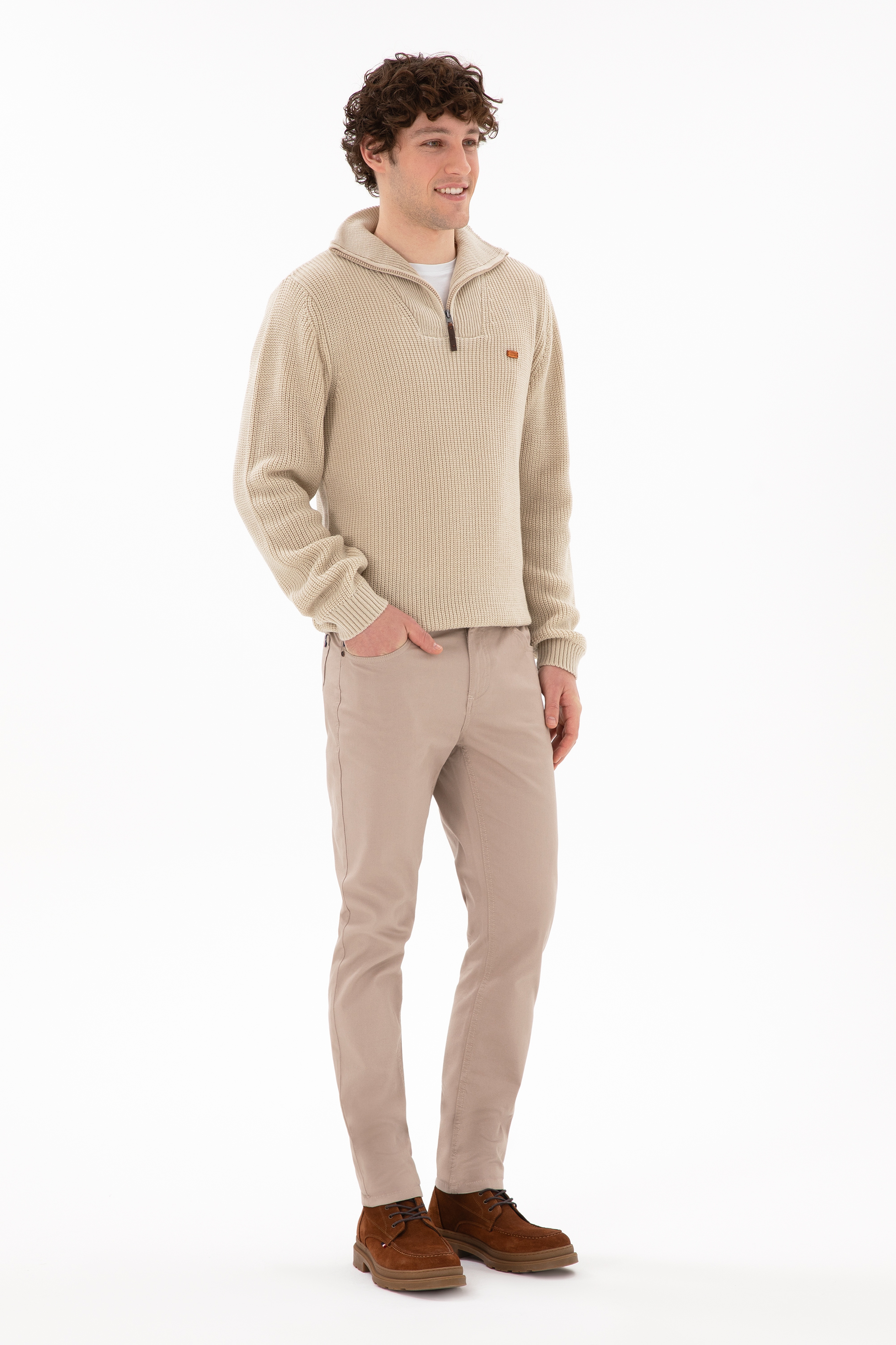 Erkek Slim Fit Koyu Bej Kanvas Pantolon