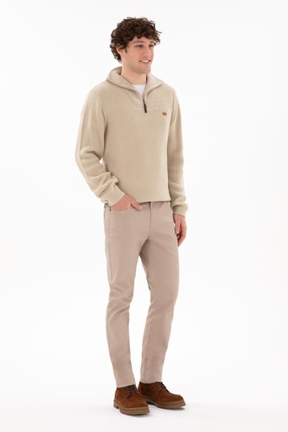 Erkek Slim Fit Koyu Bej Kanvas Pantolon