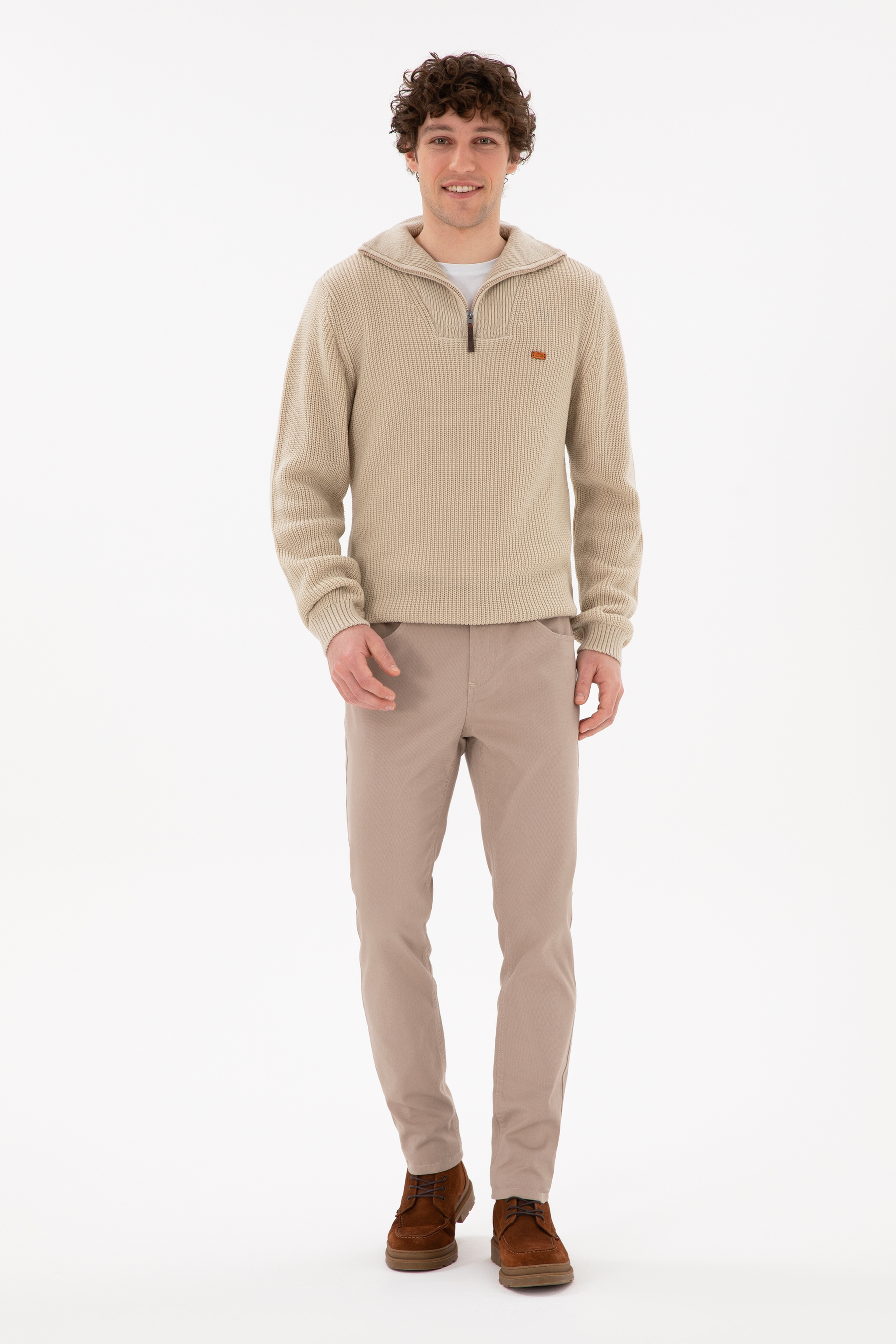 Erkek Slim Fit Koyu Bej Kanvas Pantolon - Image 1