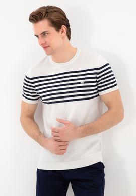 Erkek Slim Fit Bisiklet Yaka Beyaz Triko Tişört - 50306469014