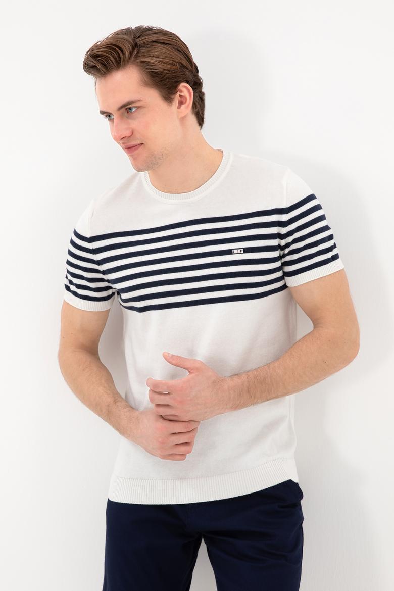 Erkek Slim Fit Bisiklet Yaka Beyaz Triko Tişört