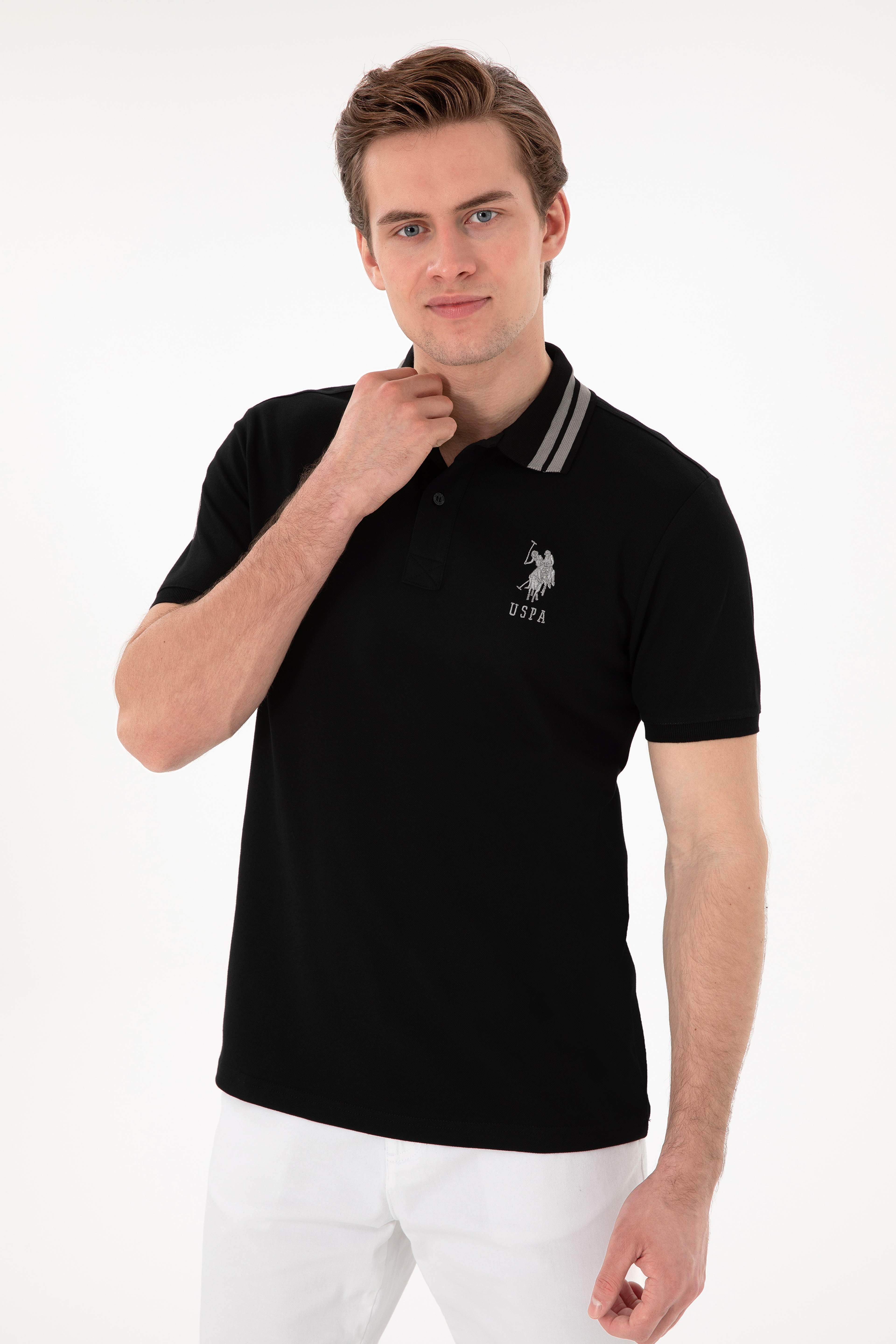 Erkek Slim Fit Polo Yaka Siyah Basic Tişört - Image 3