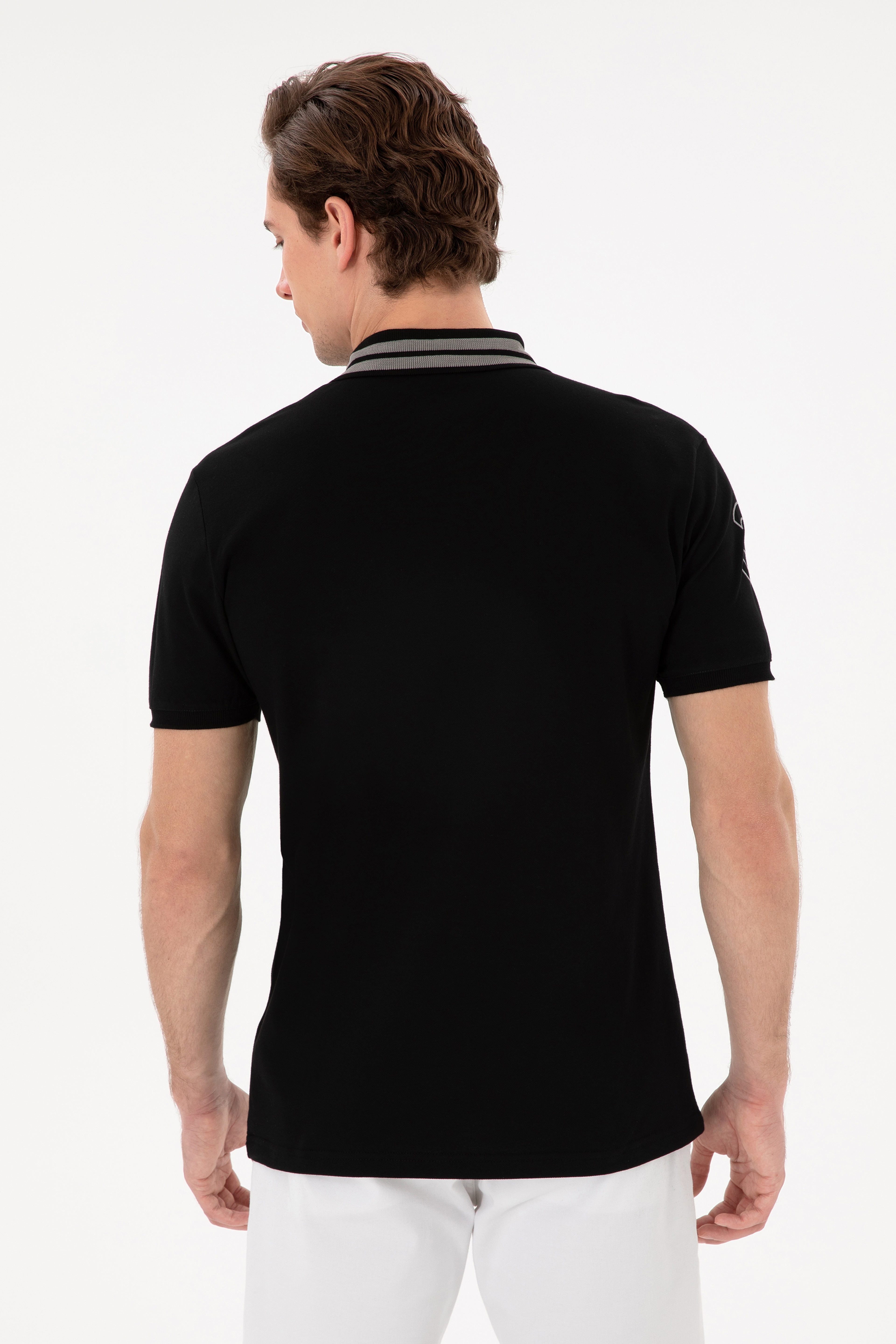 Erkek Slim Fit Polo Yaka Siyah Basic Tişört
