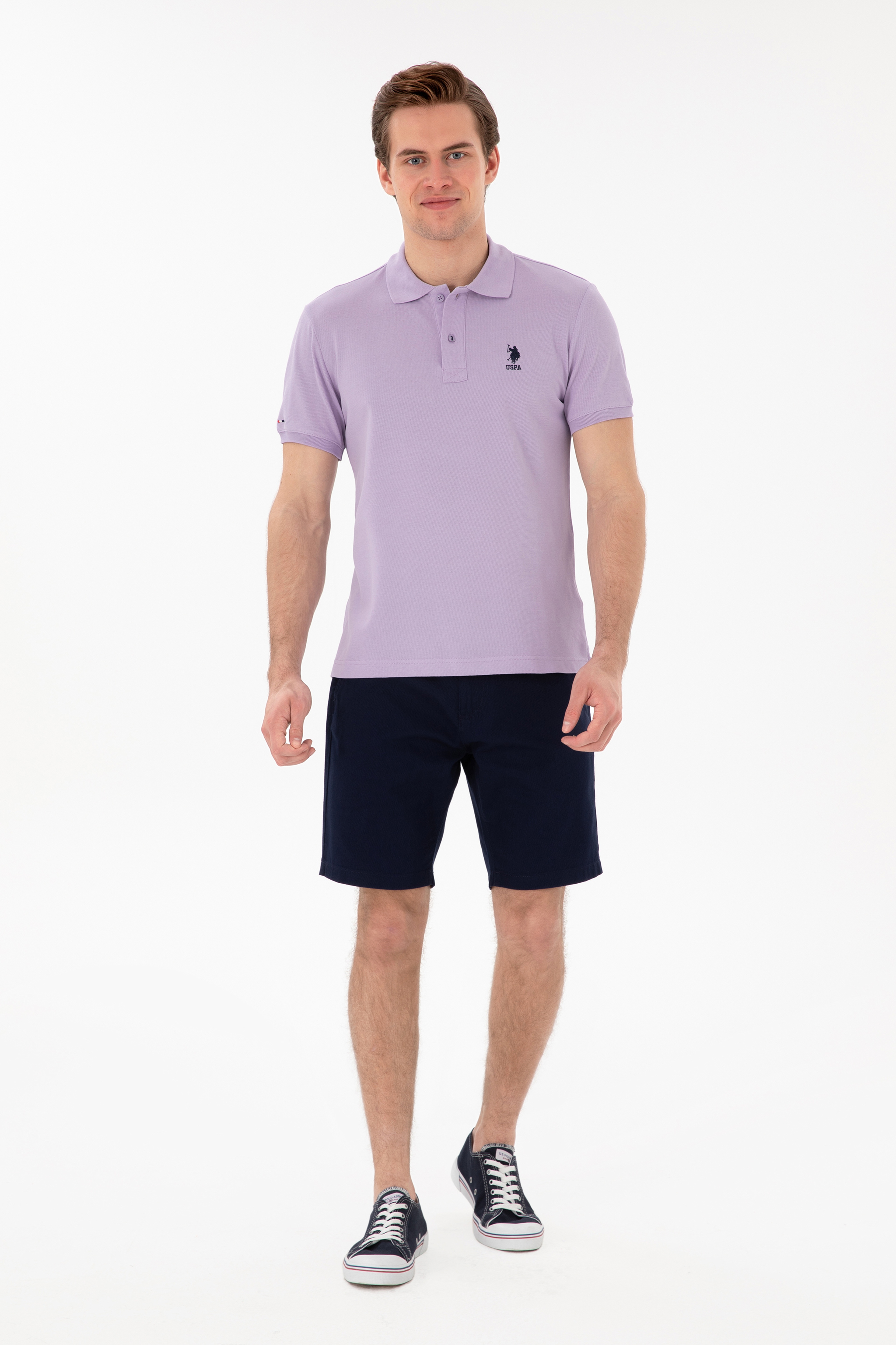 Erkek Slim Fit Polo Yaka Lila Basic Tişört - Image 4