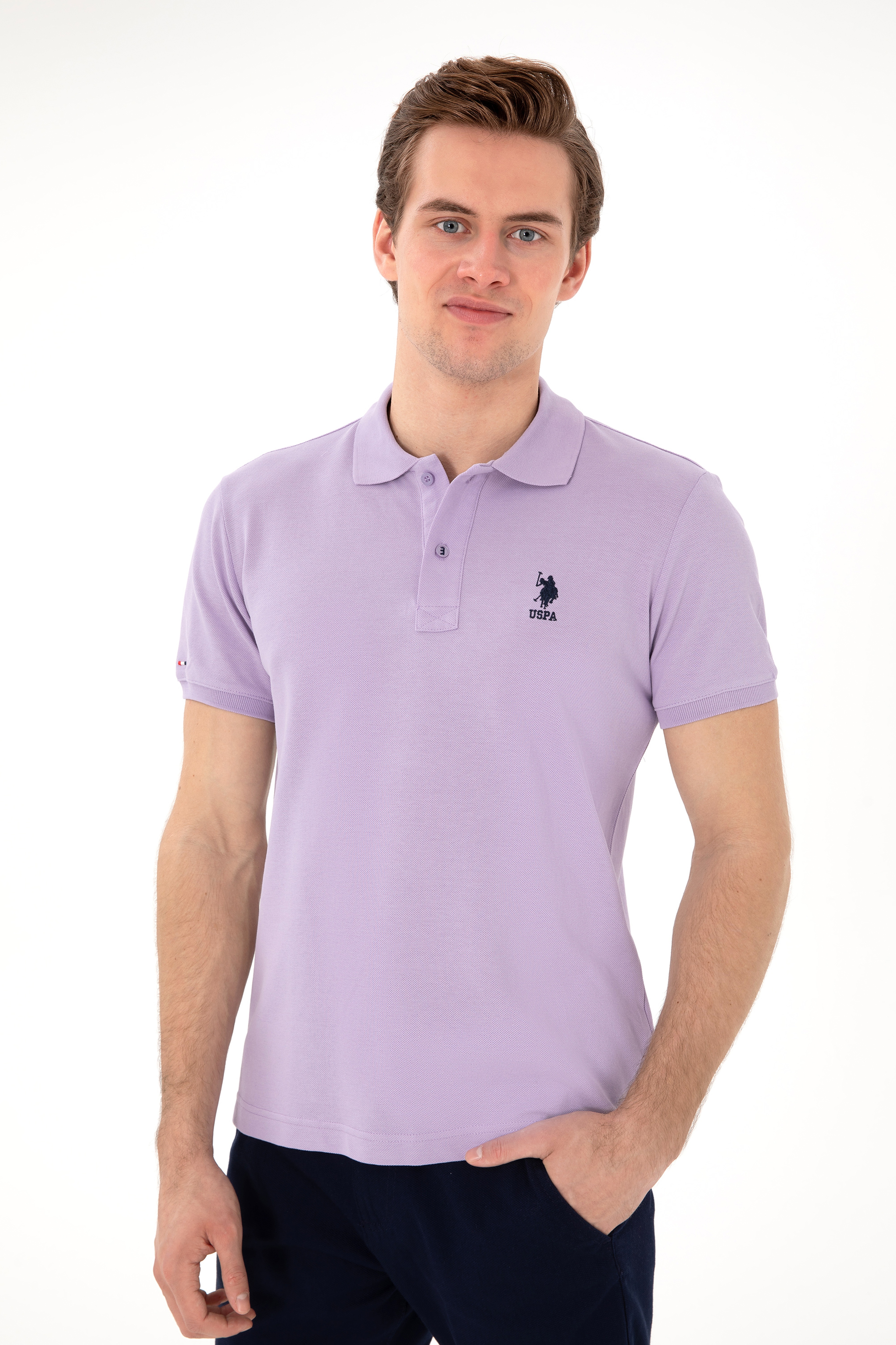 Erkek Slim Fit Polo Yaka Lila Basic Tişört - Image 3