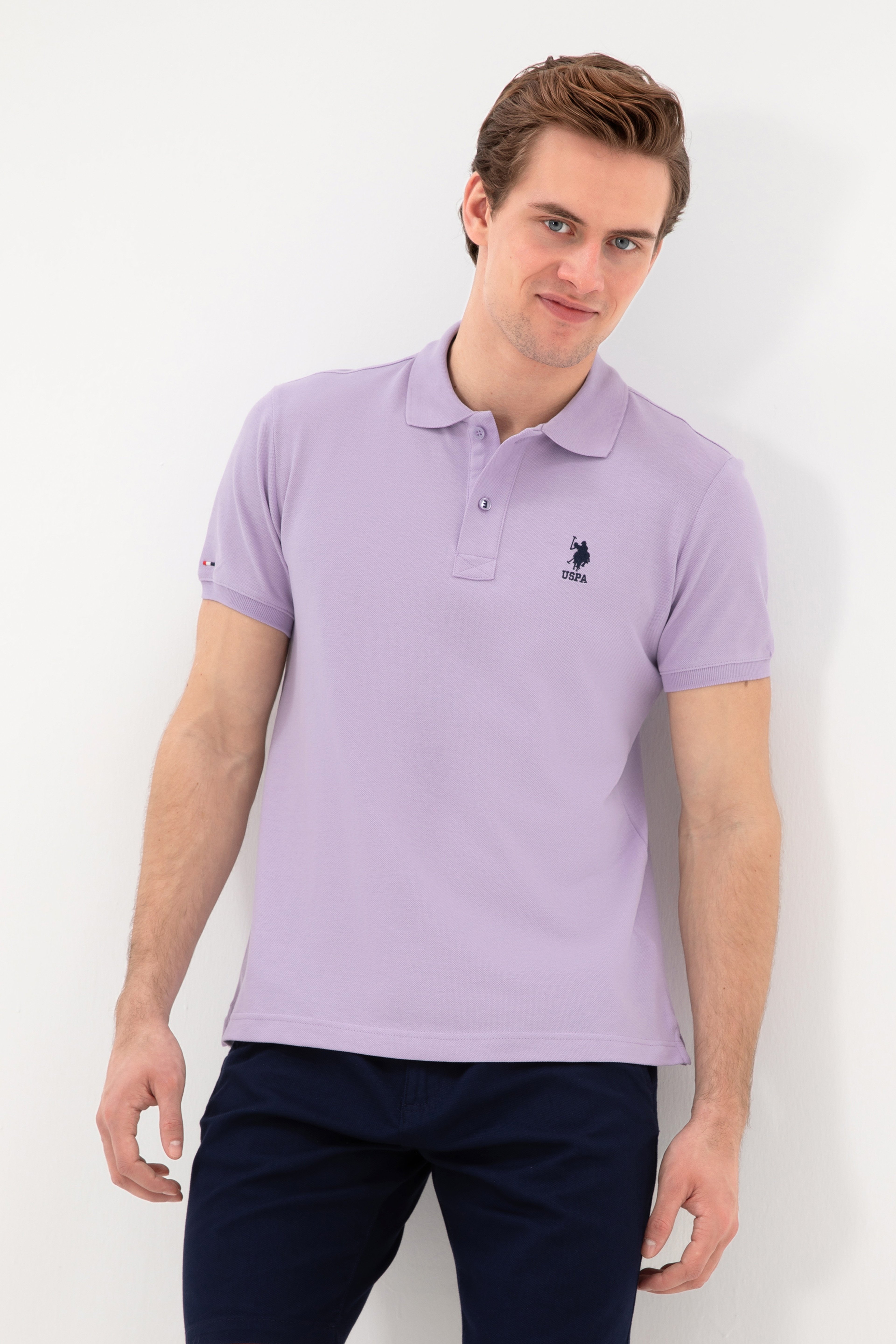 Erkek Slim Fit Polo Yaka Lila Basic Tişört - Image 1