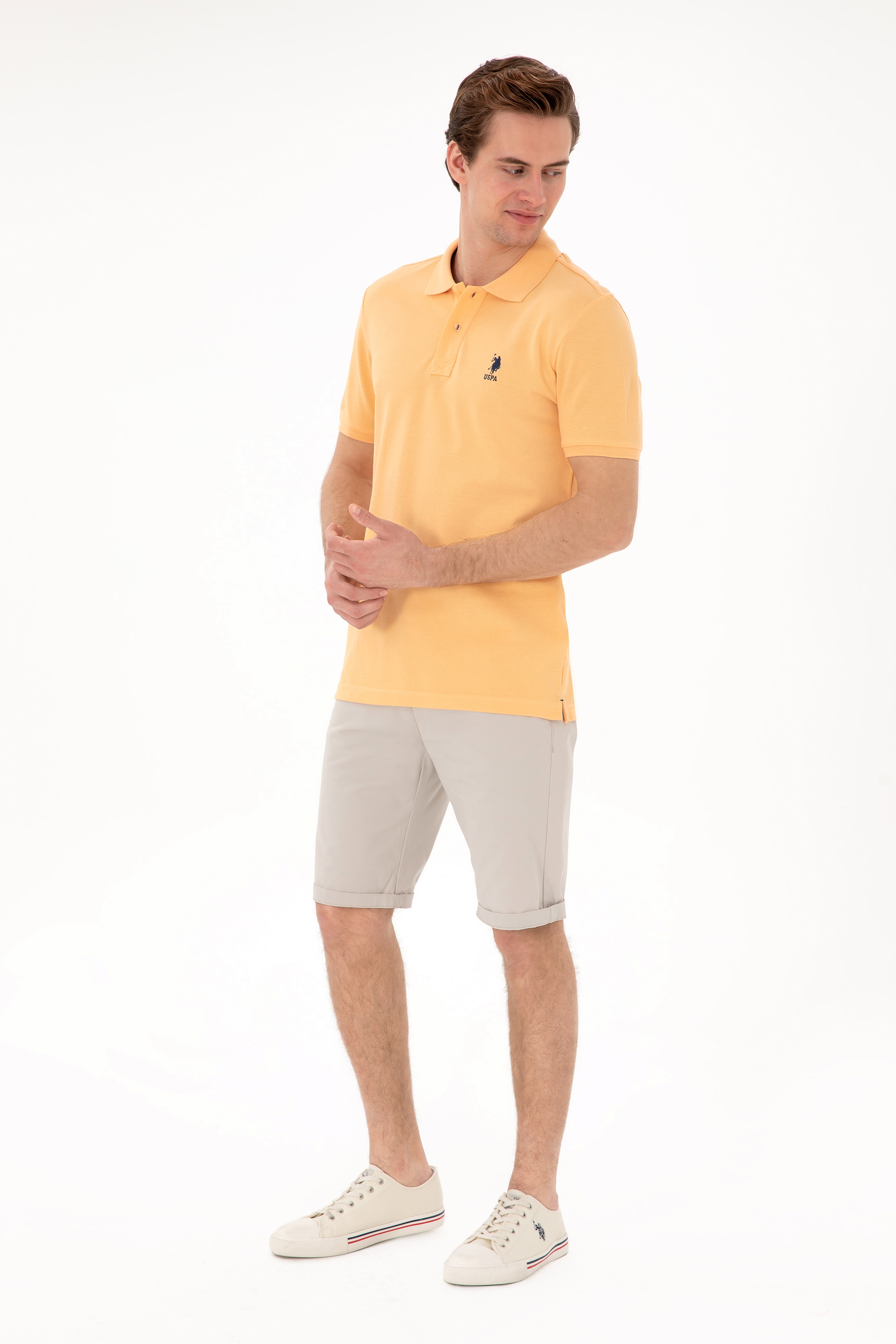 Erkek Slim Fit Polo Yaka Kavun Basic Tişört