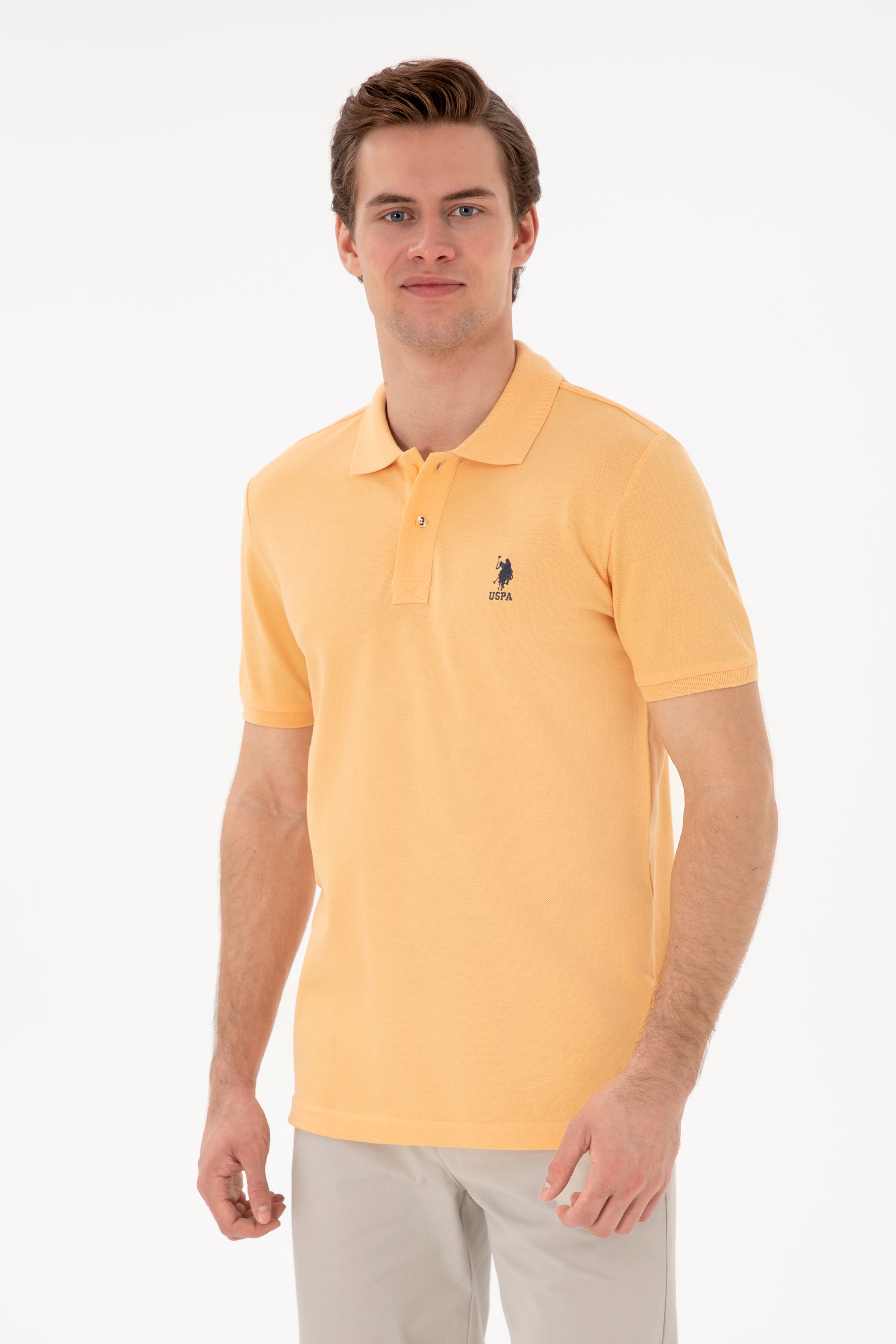 Erkek Slim Fit Polo Yaka Kavun Basic Tişört - Image 1