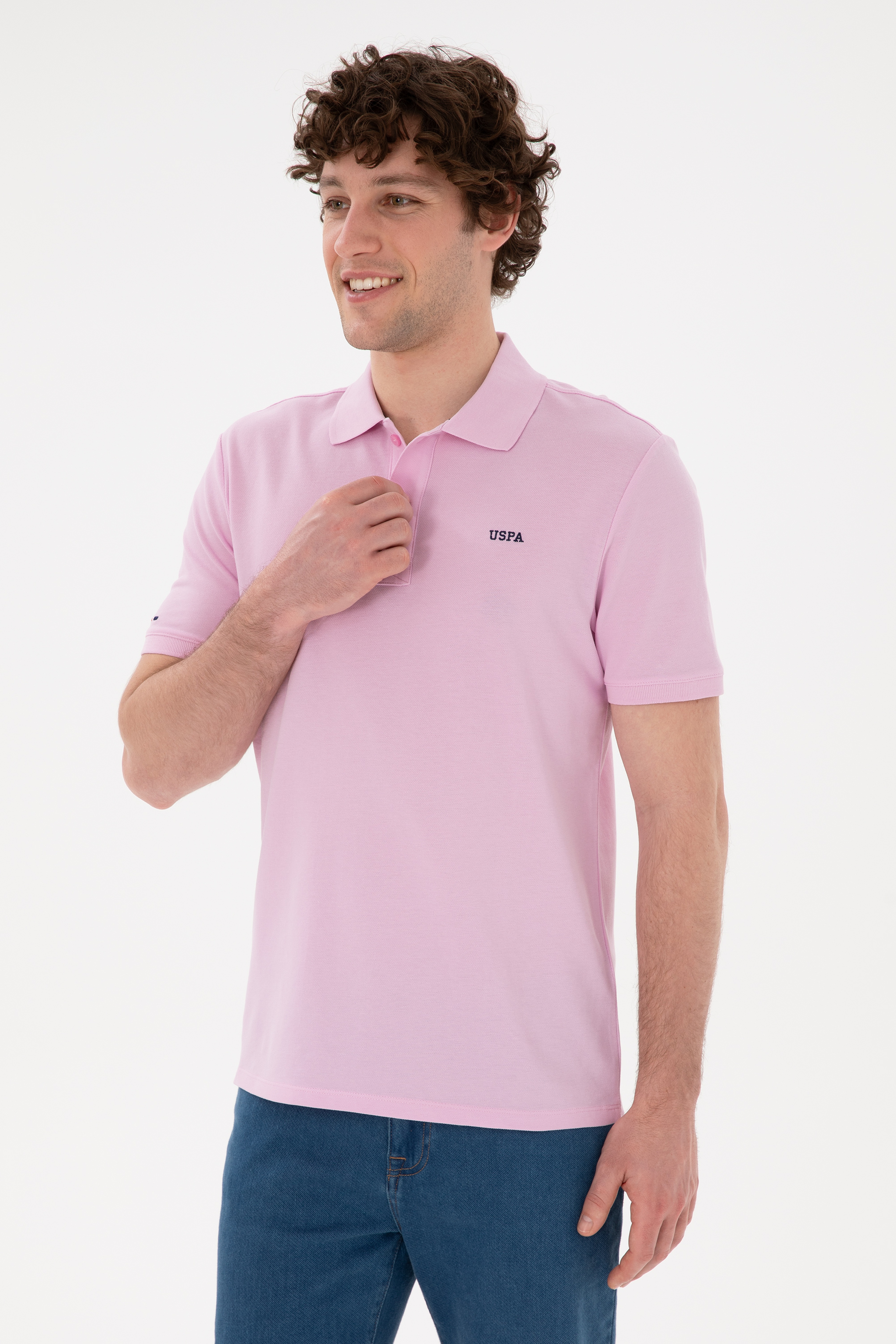 Erkek Regular Fit Polo Yaka Pembe Basic Tişört
