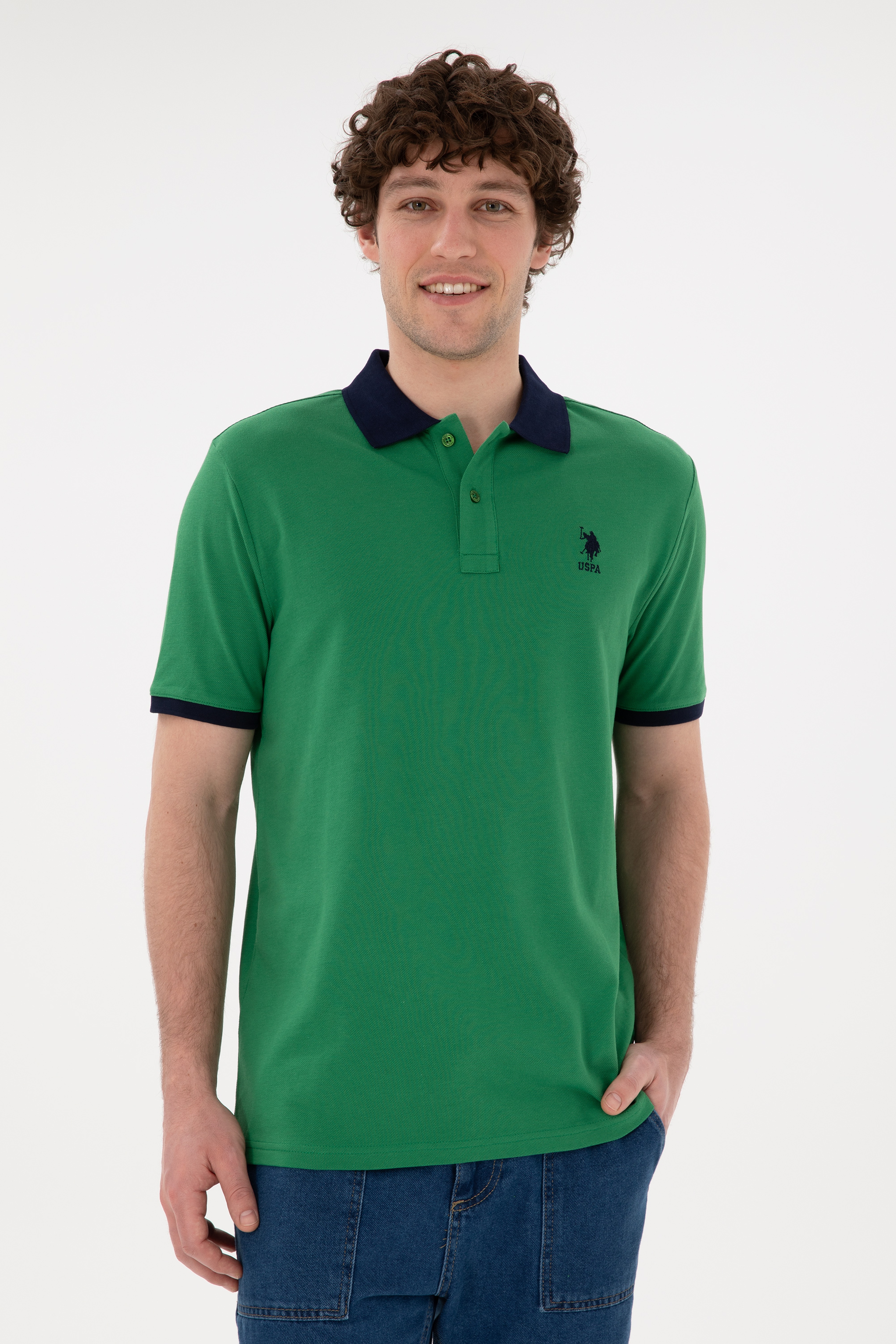 Erkek Regular Fit Polo Yaka Yeşil Basic Tişört