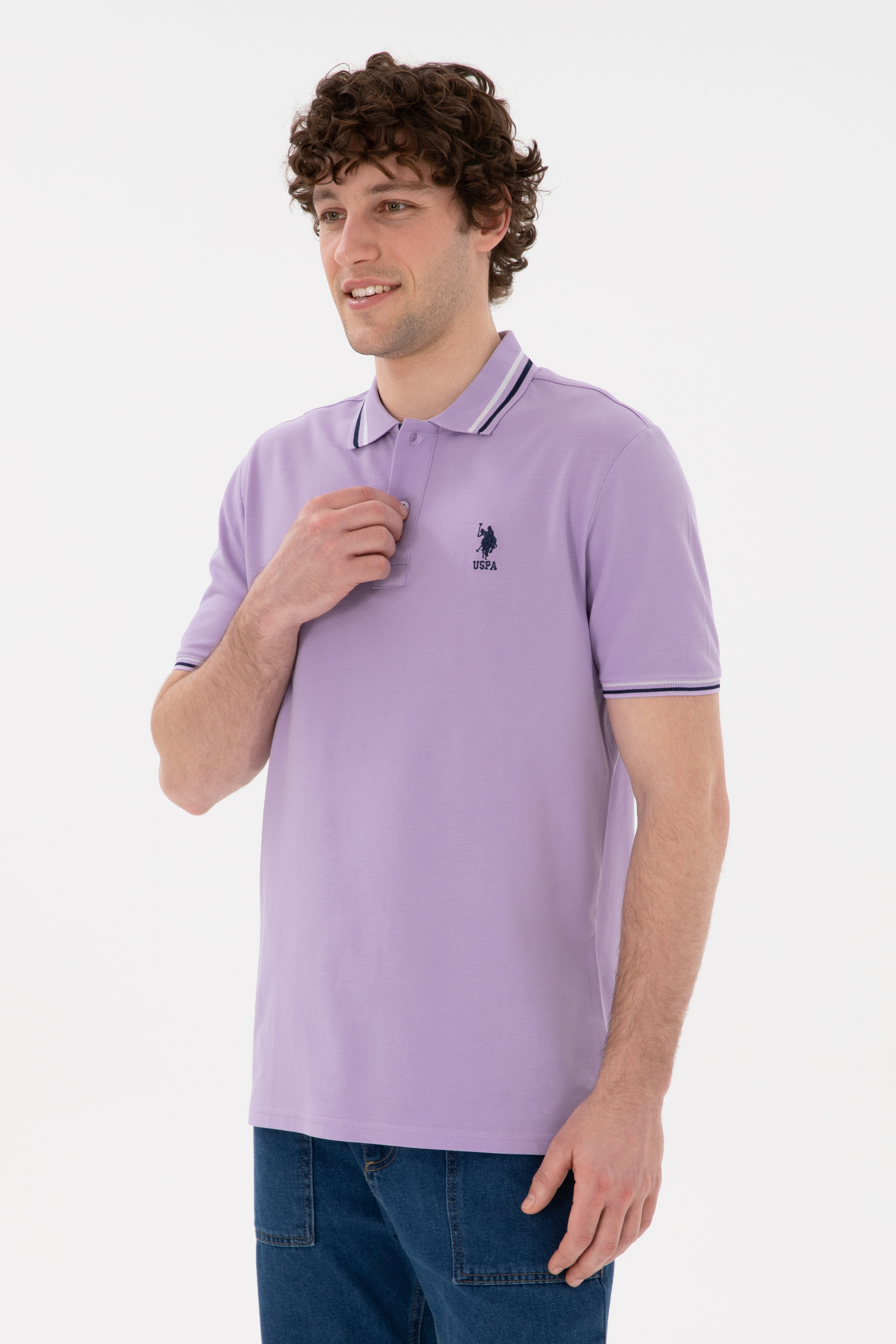Erkek Regular Fit Polo Yaka Lila Basic Tişört - Image 2