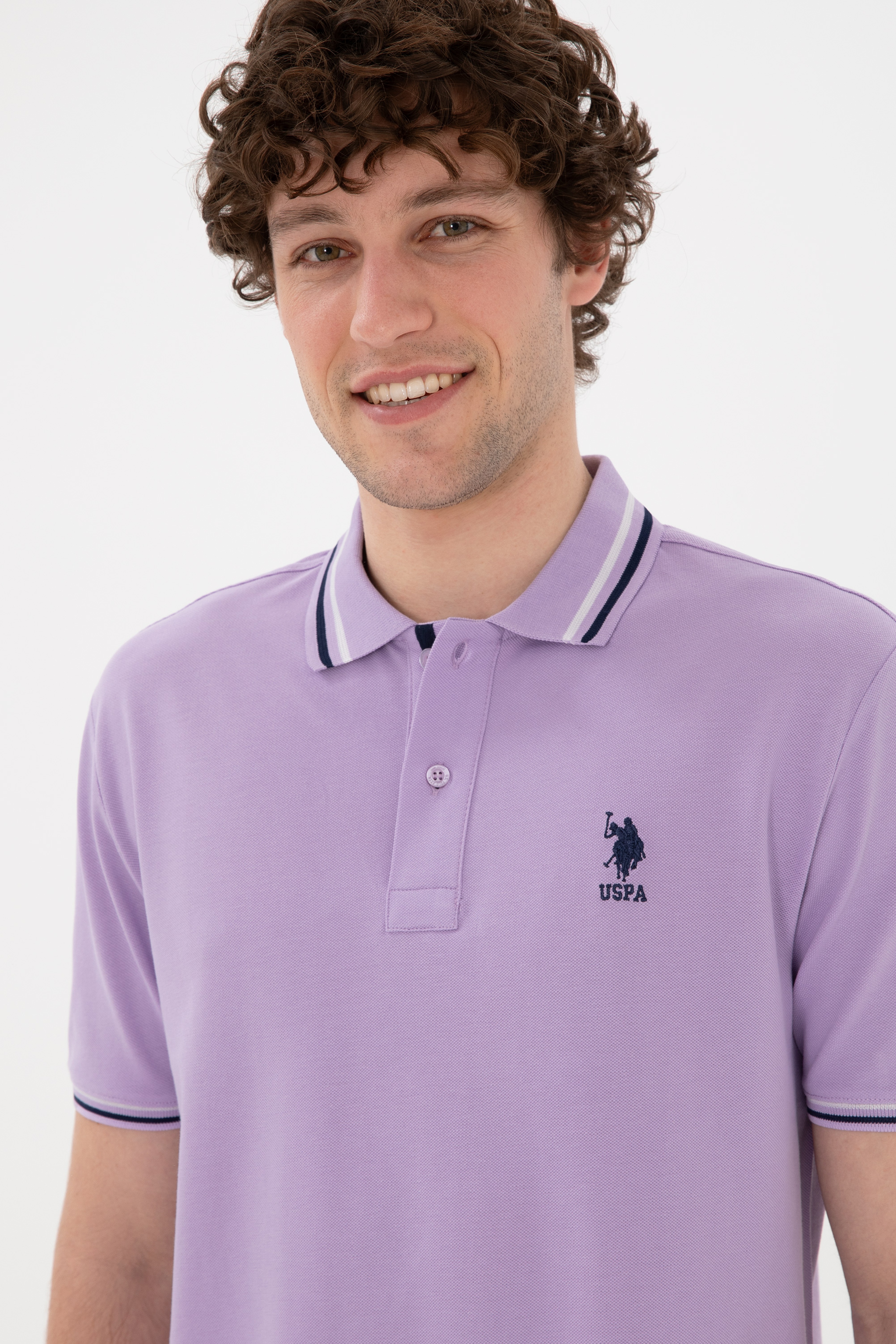 Erkek Regular Fit Polo Yaka Lila Basic Tişört - Image 3
