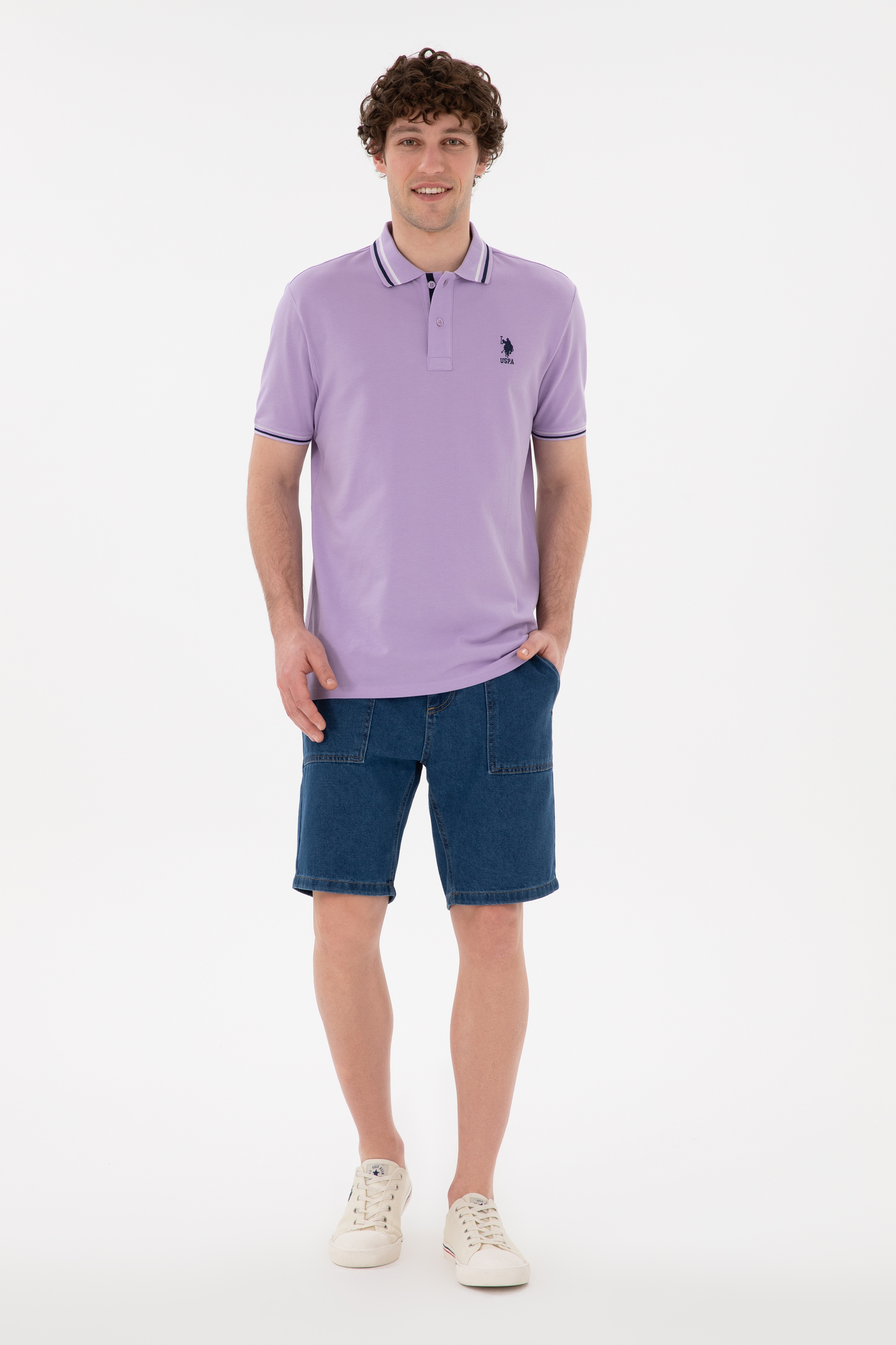 Erkek Regular Fit Polo Yaka Lila Basic Tişört - Image 4