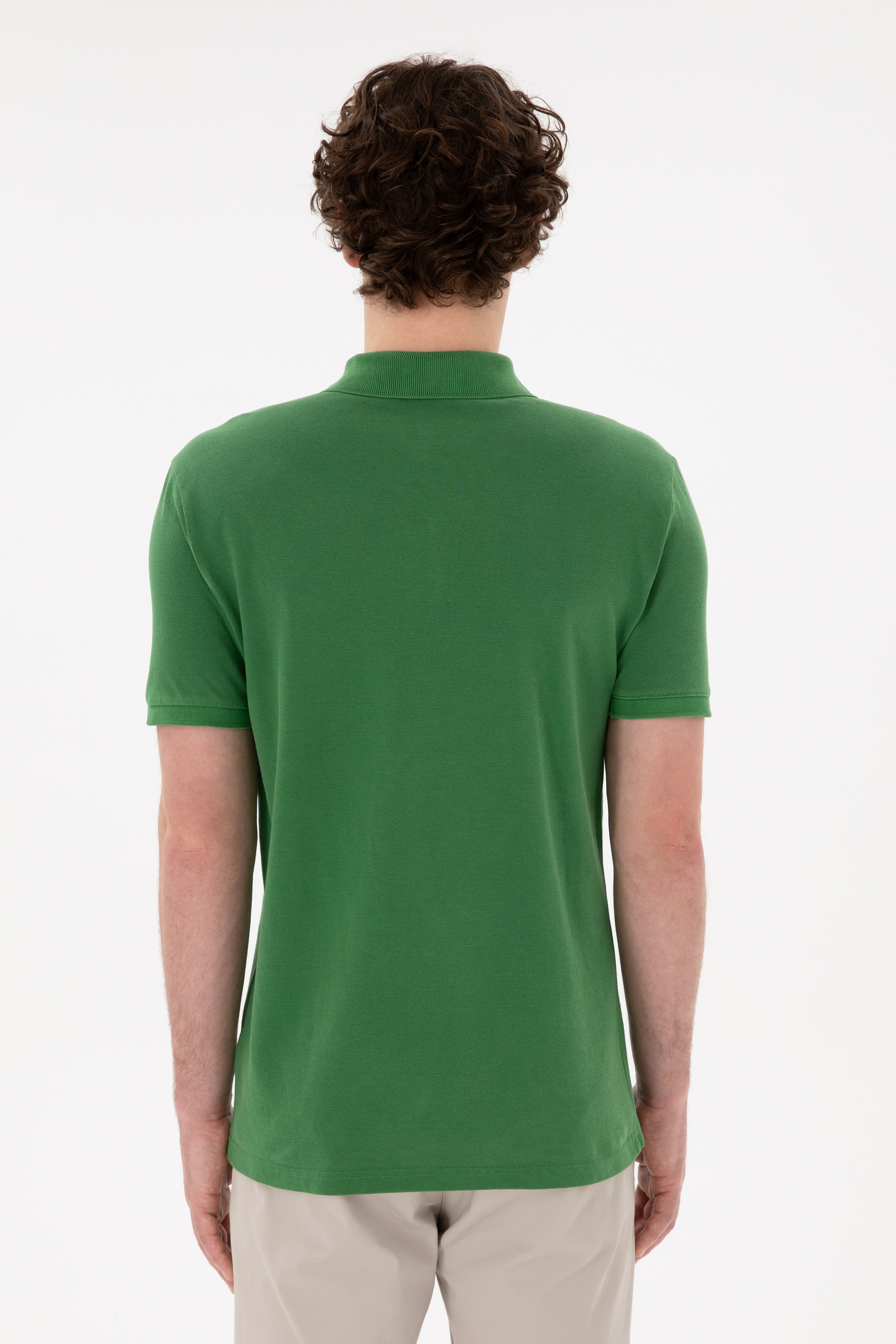 Erkek Slim Fit Polo Yaka Yeşil Basic Tişört