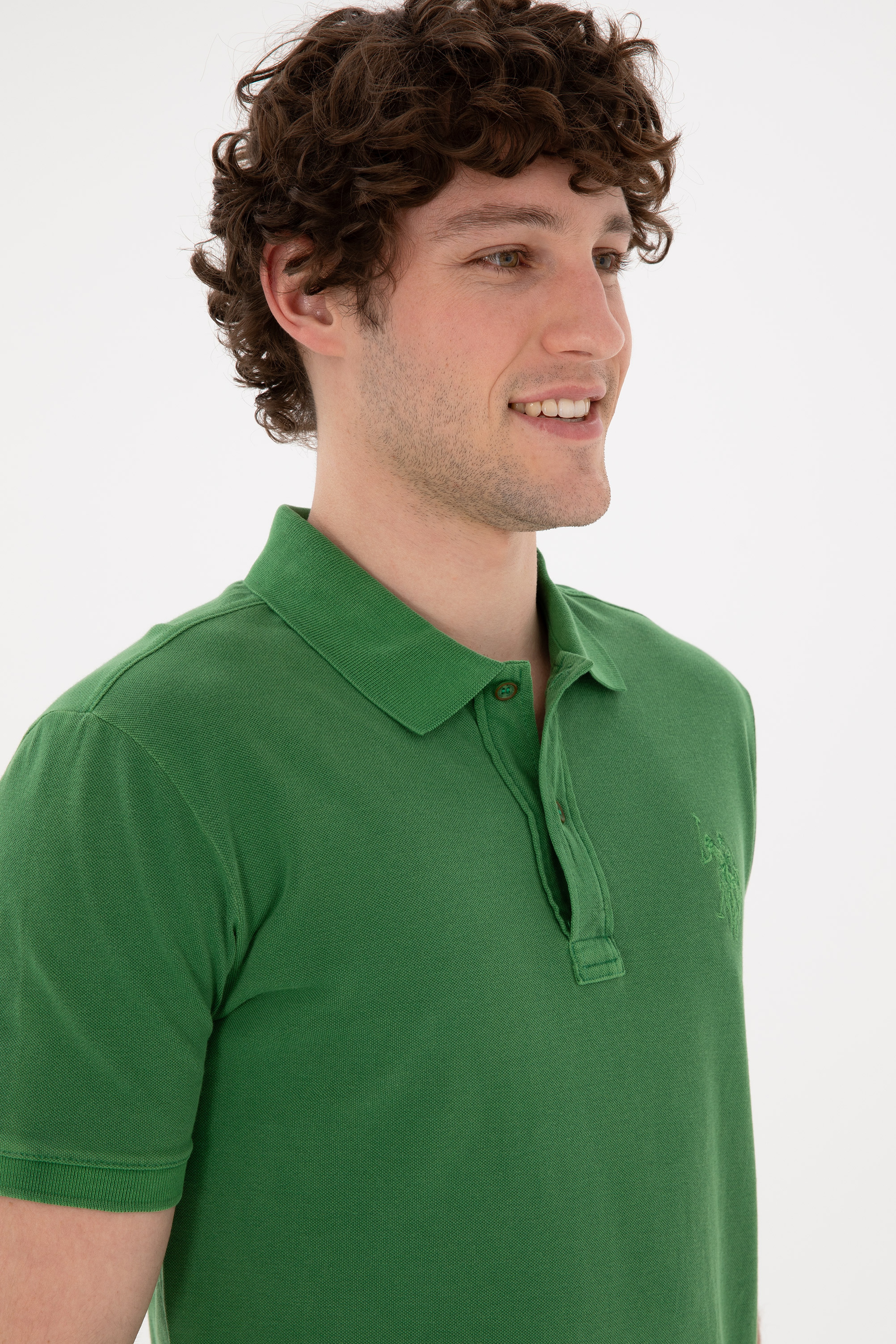 Erkek Slim Fit Polo Yaka Yeşil Basic Tişört