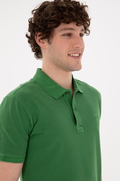 Erkek Slim Fit Polo Yaka Yeşil Basic Tişört
