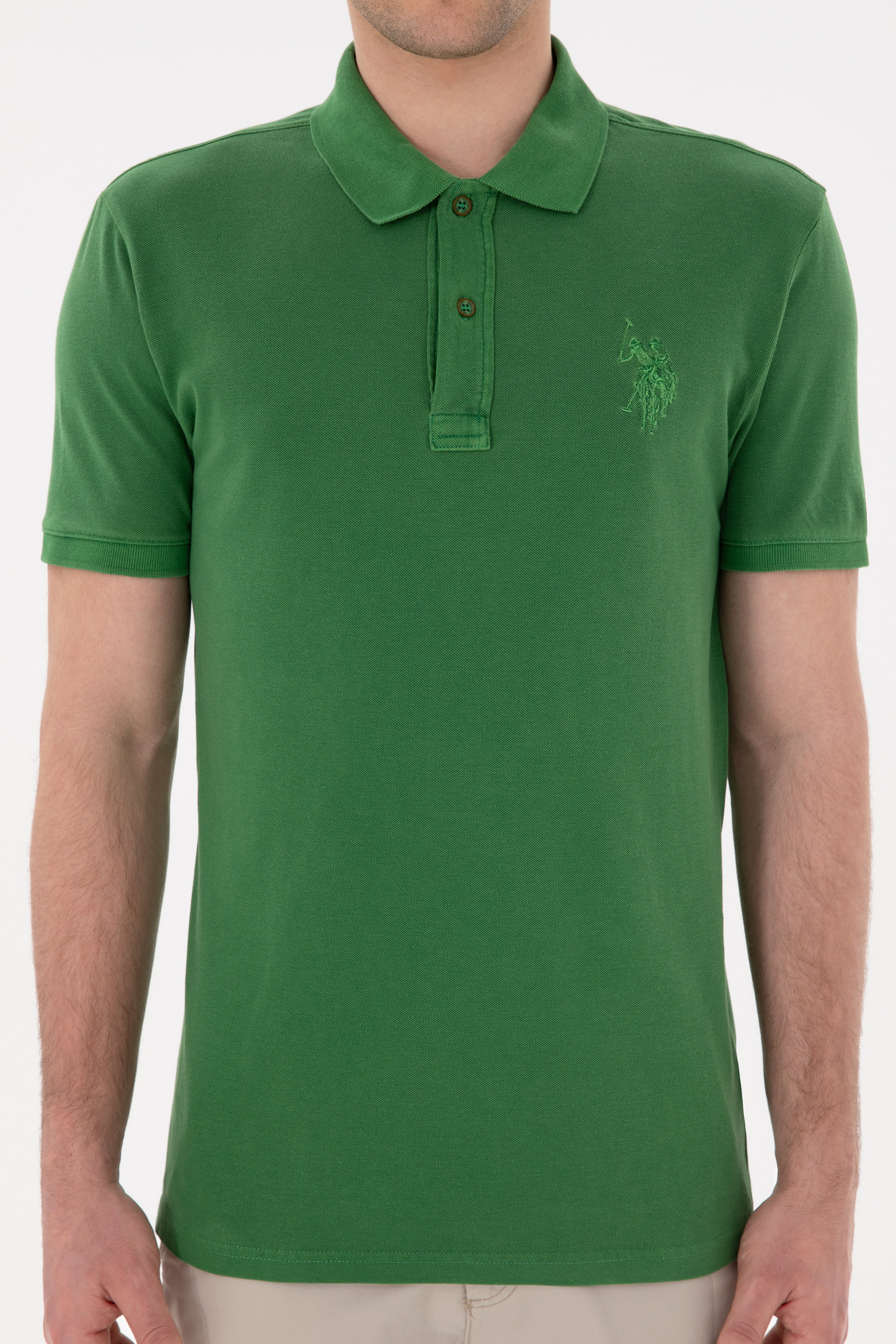 Erkek Slim Fit Polo Yaka Yeşil Basic Tişört - Image 6