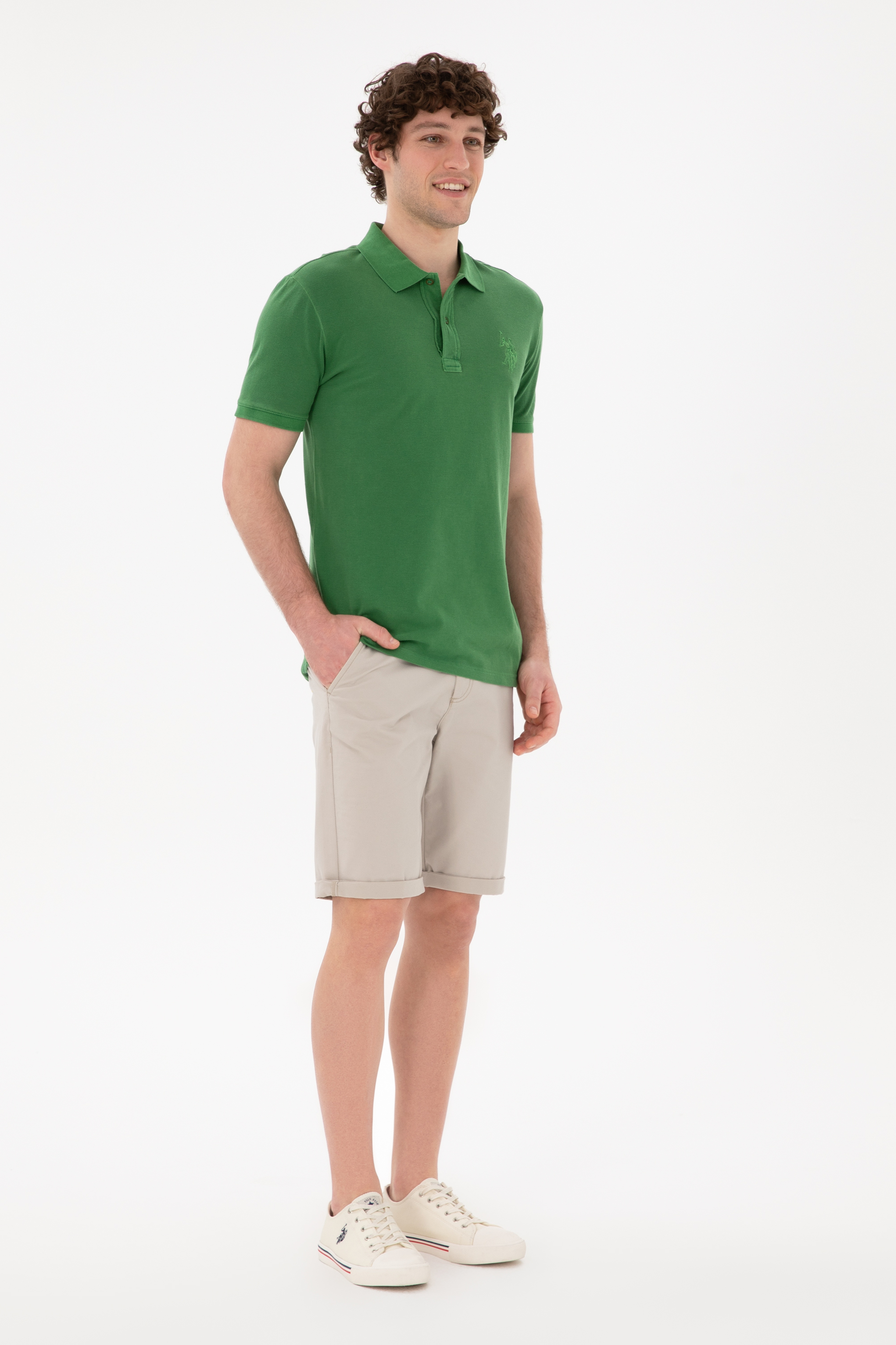 Erkek Slim Fit Polo Yaka Yeşil Basic Tişört