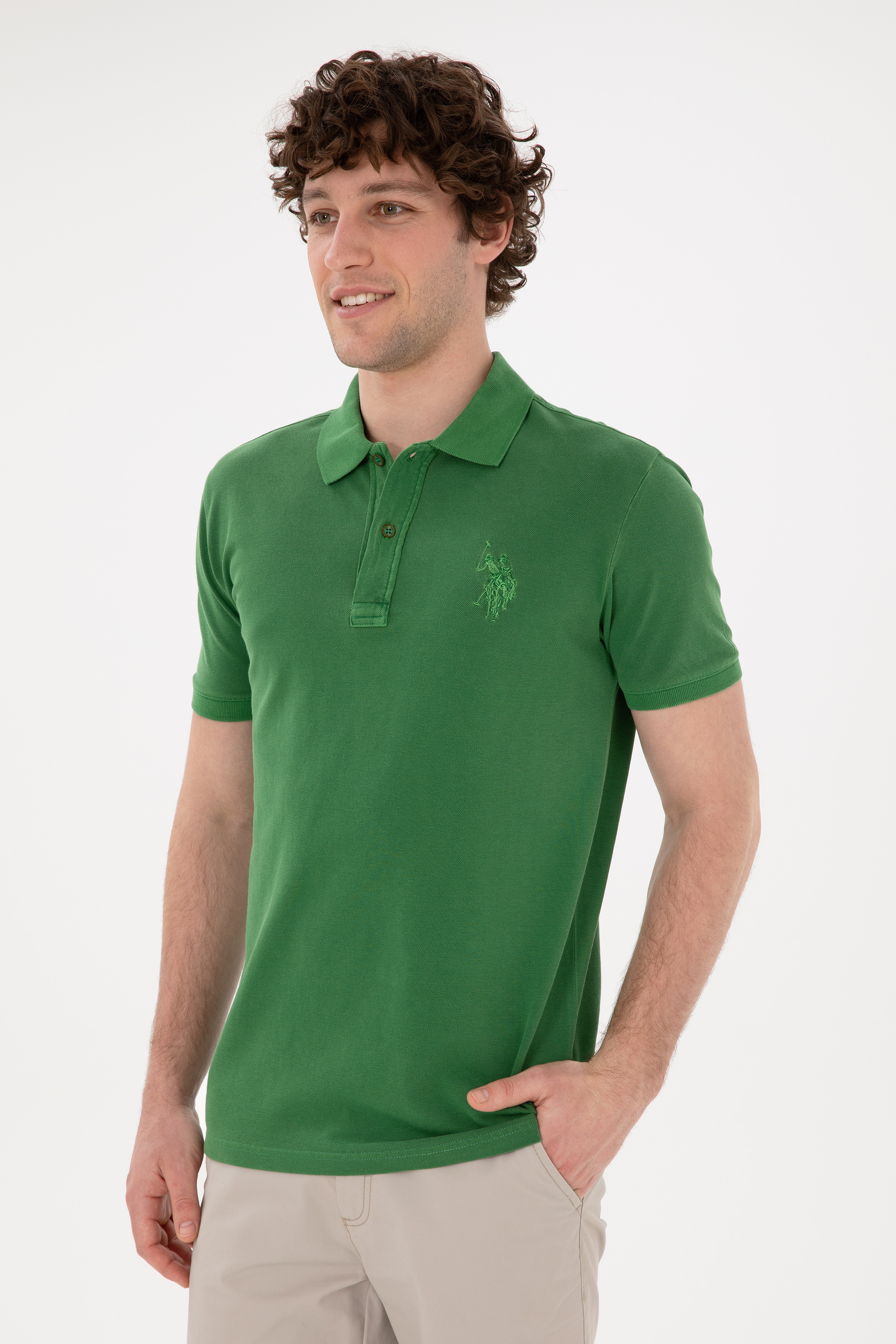 Erkek Slim Fit Polo Yaka Yeşil Basic Tişört - Image 2